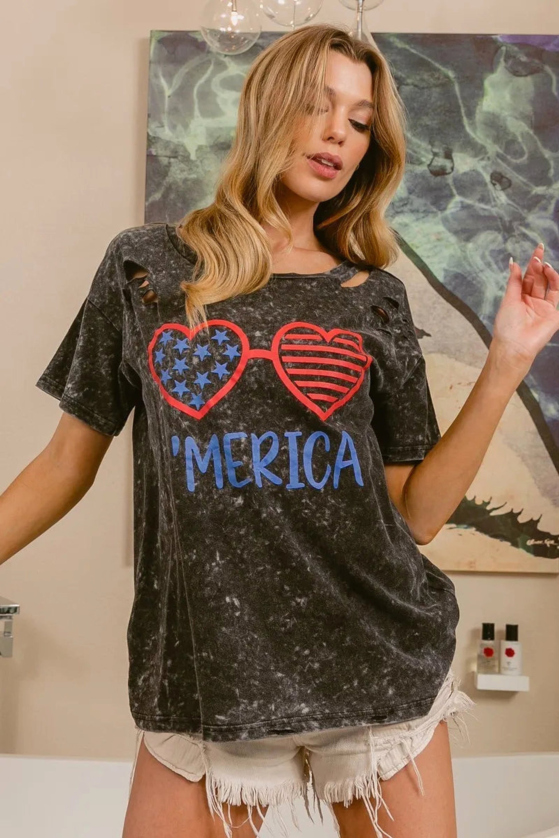 BiBi 4th Of July Theme Mineral Washed Laser Cut Top - enhanced image 12