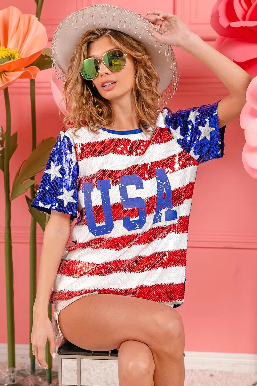 BiBi American Flag Theme USA Lettering Sequin Top - enhanced image 12