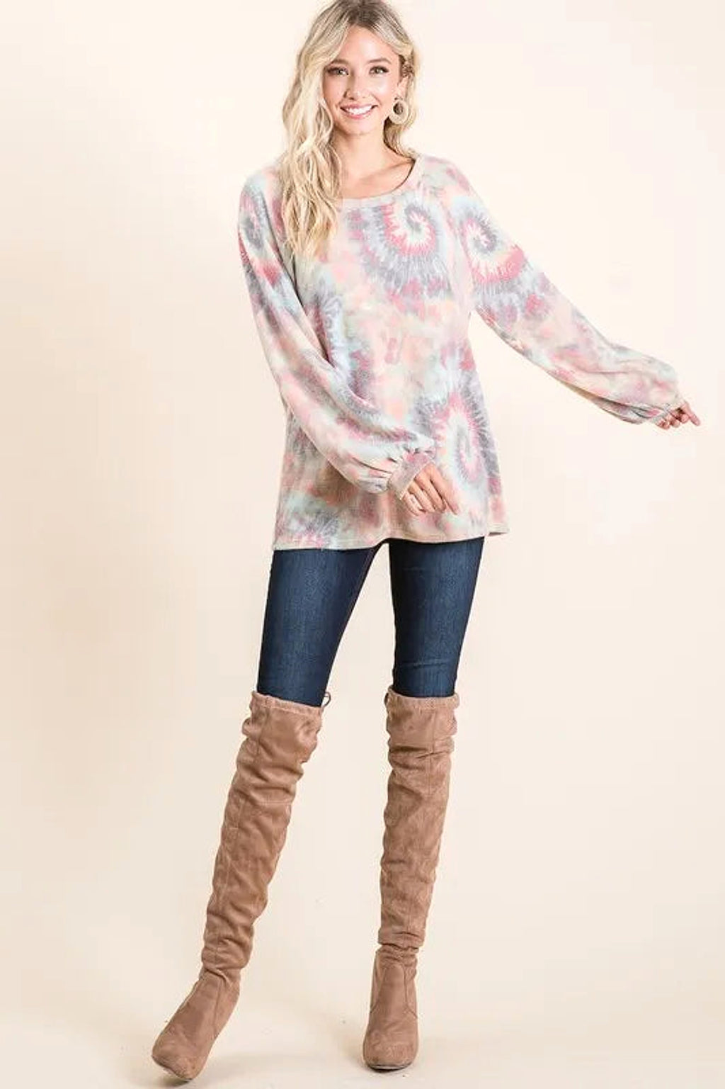 BiBi Brushed Tie Dye Print Top with Puff Sleeves - enhanced image 12