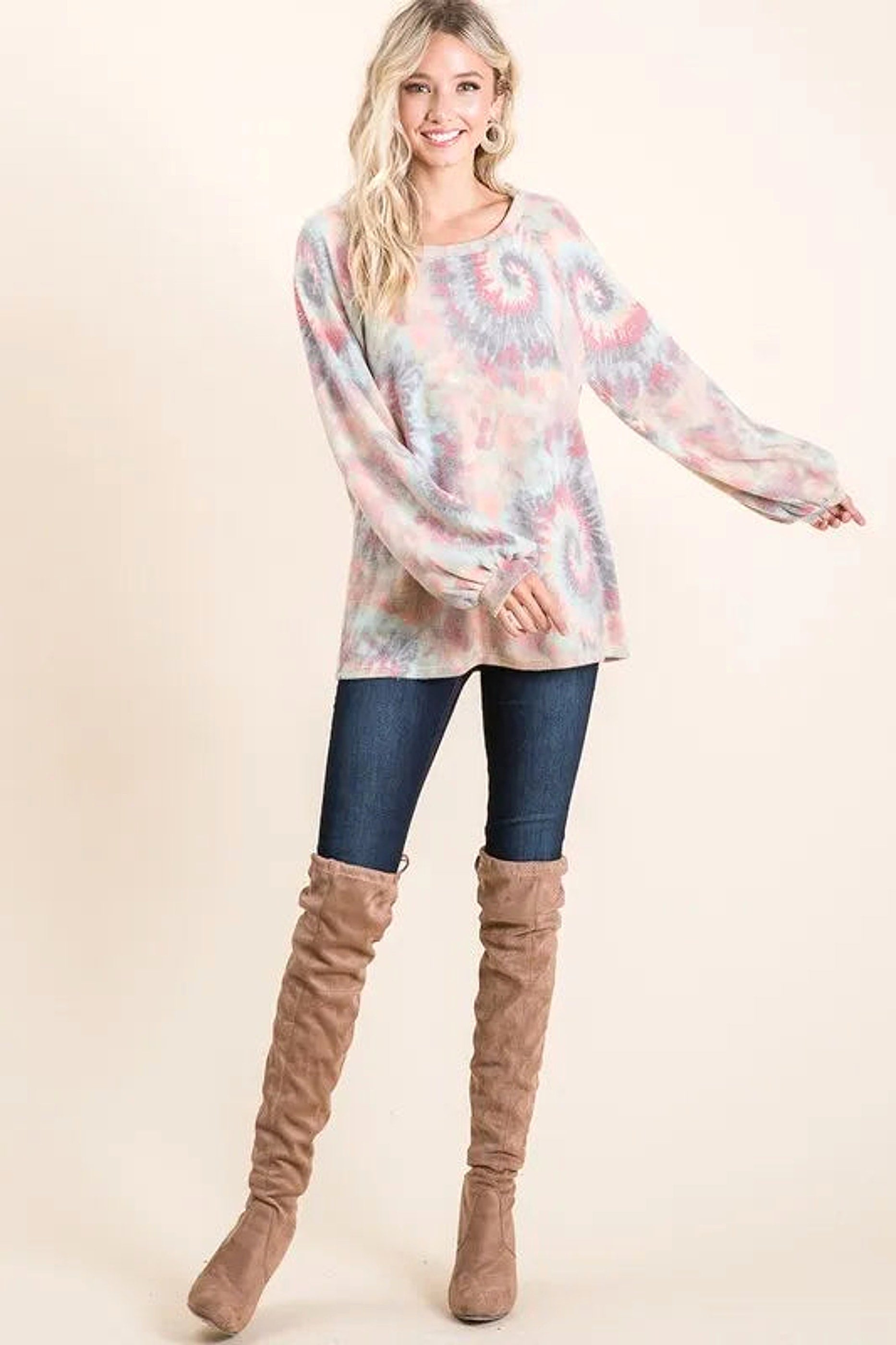 BiBi Brushed Tie Dye Print Top with Puff Sleeves - enhanced image 12