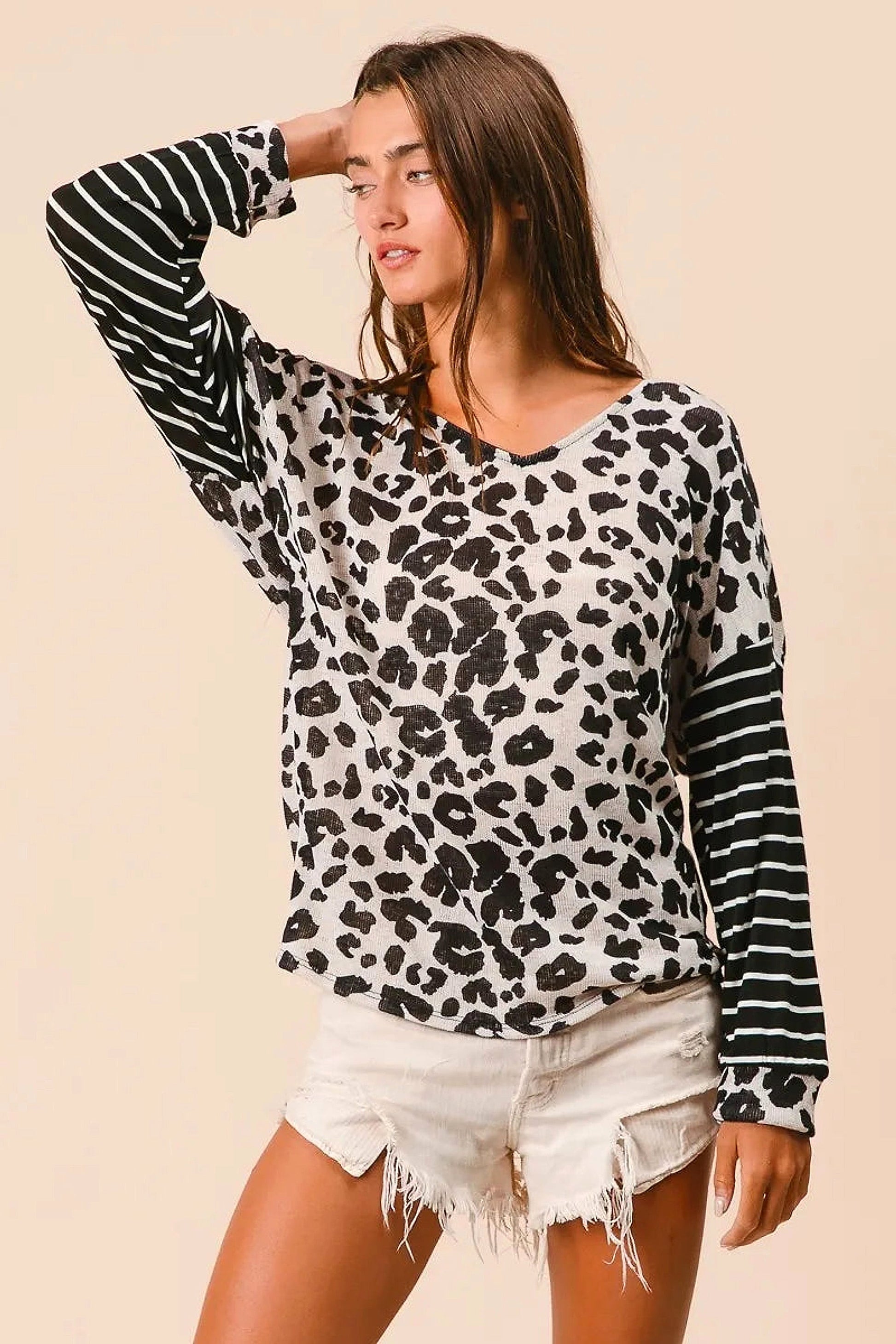 BiBi Leopard Hacci Knit Twist Back Top With Stripe Sleeve - enhanced image 12