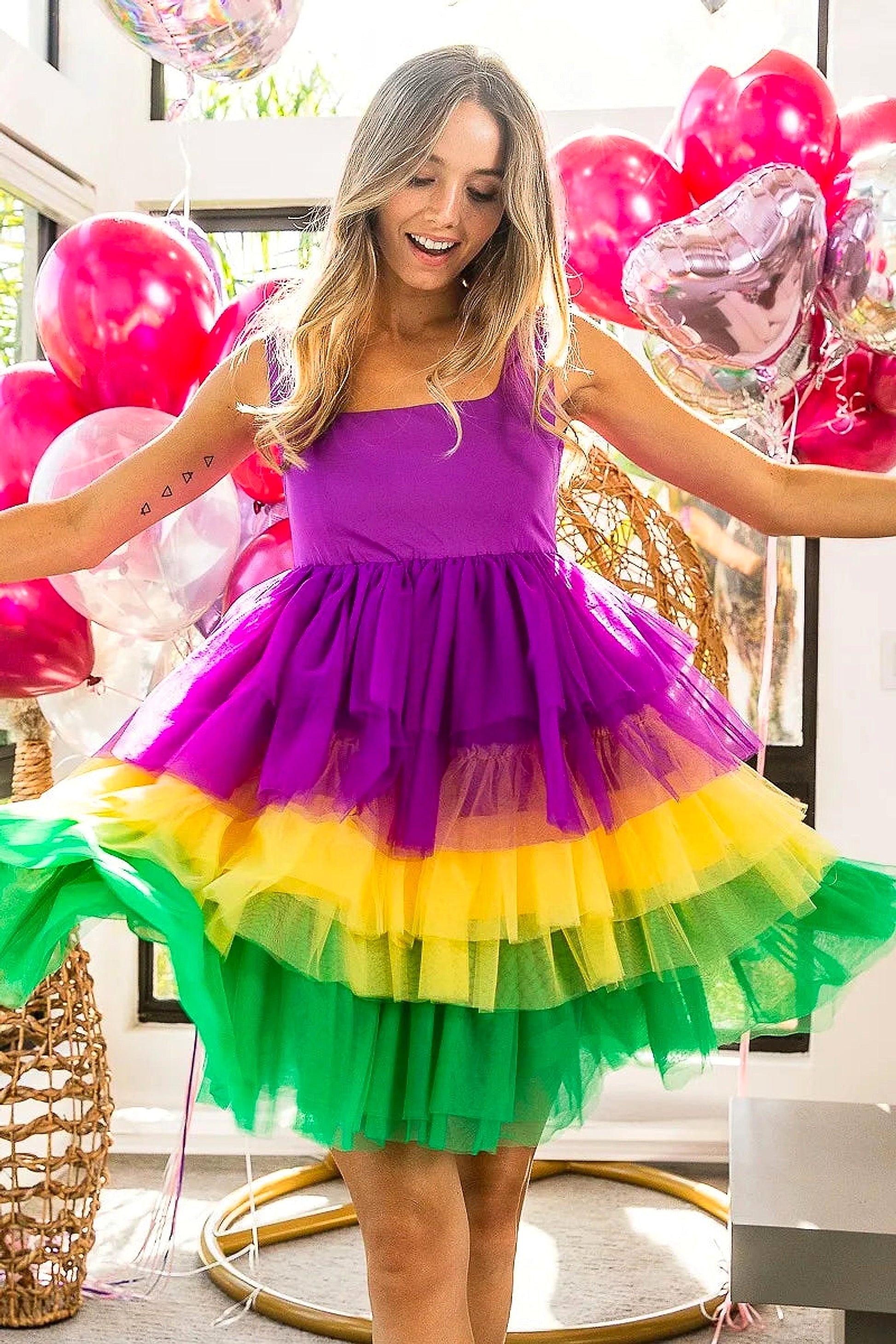 BiBi Mardi Gras Color Block Layered Mesh Tiered Dress - enhanced image 12