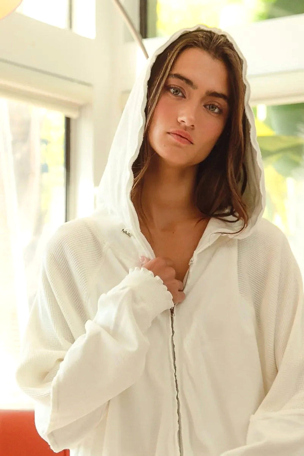 BiBi Waffle Thermal And Terry Mix Washed Zip Up Hoodie - enhanced image 12