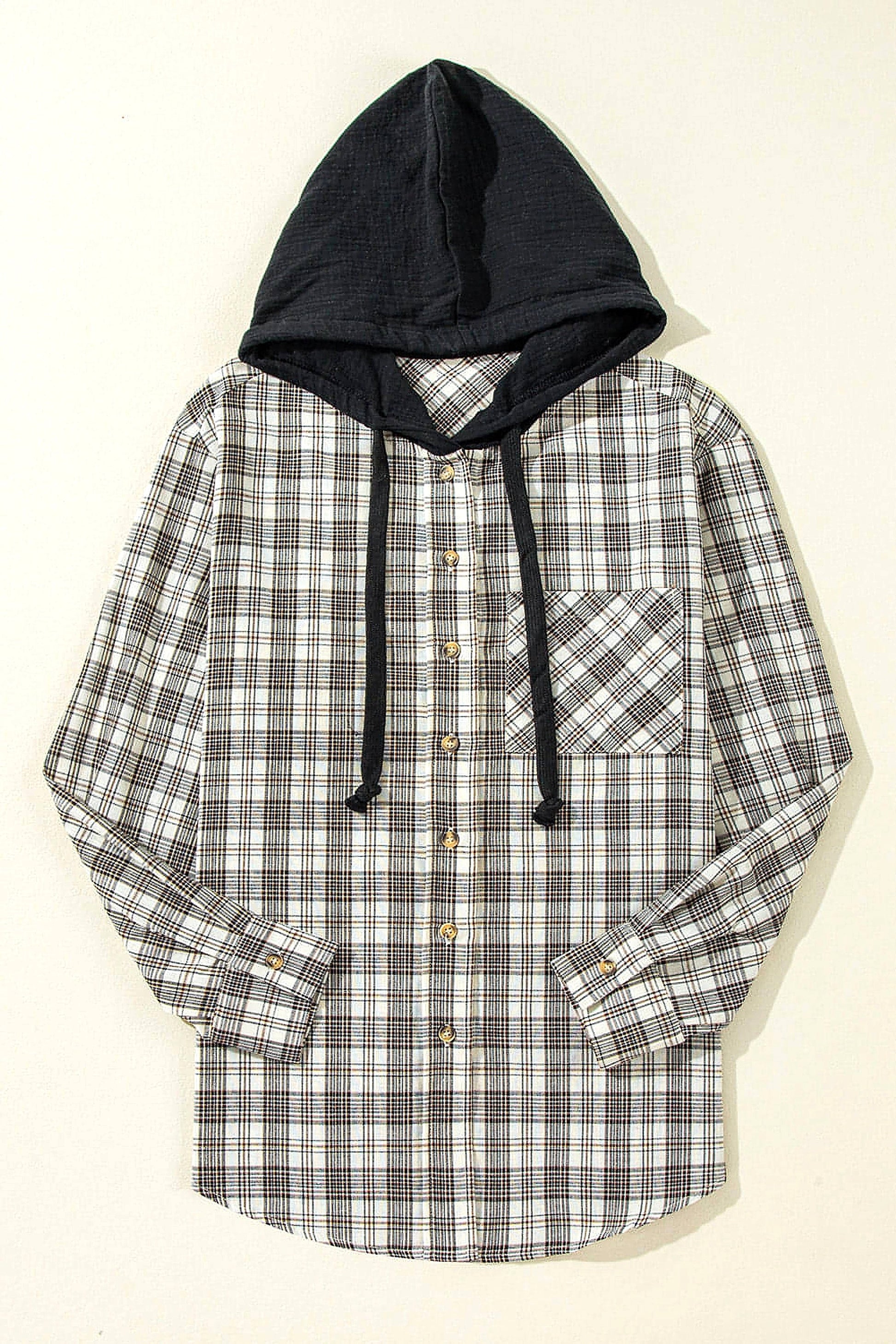 Black Checkered Print Loose Fit Buttoned Hooded Shacket - enhanced image 12
