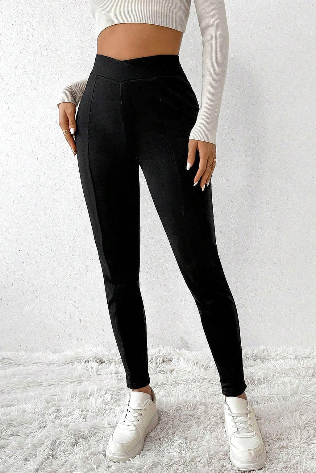 Black Crossed Waist Seamed Leg Thermal Leggings - enhanced image 12