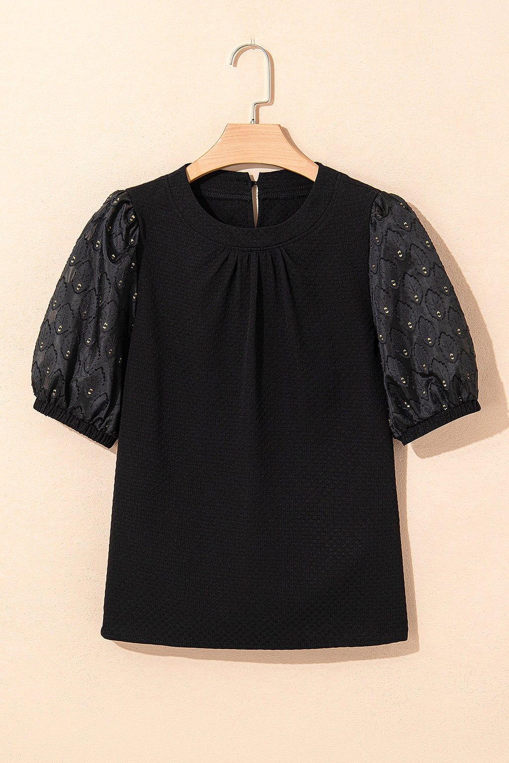 Black Feather Bubble Sleeve Patchwork Textured Blouse - enhanced image 12