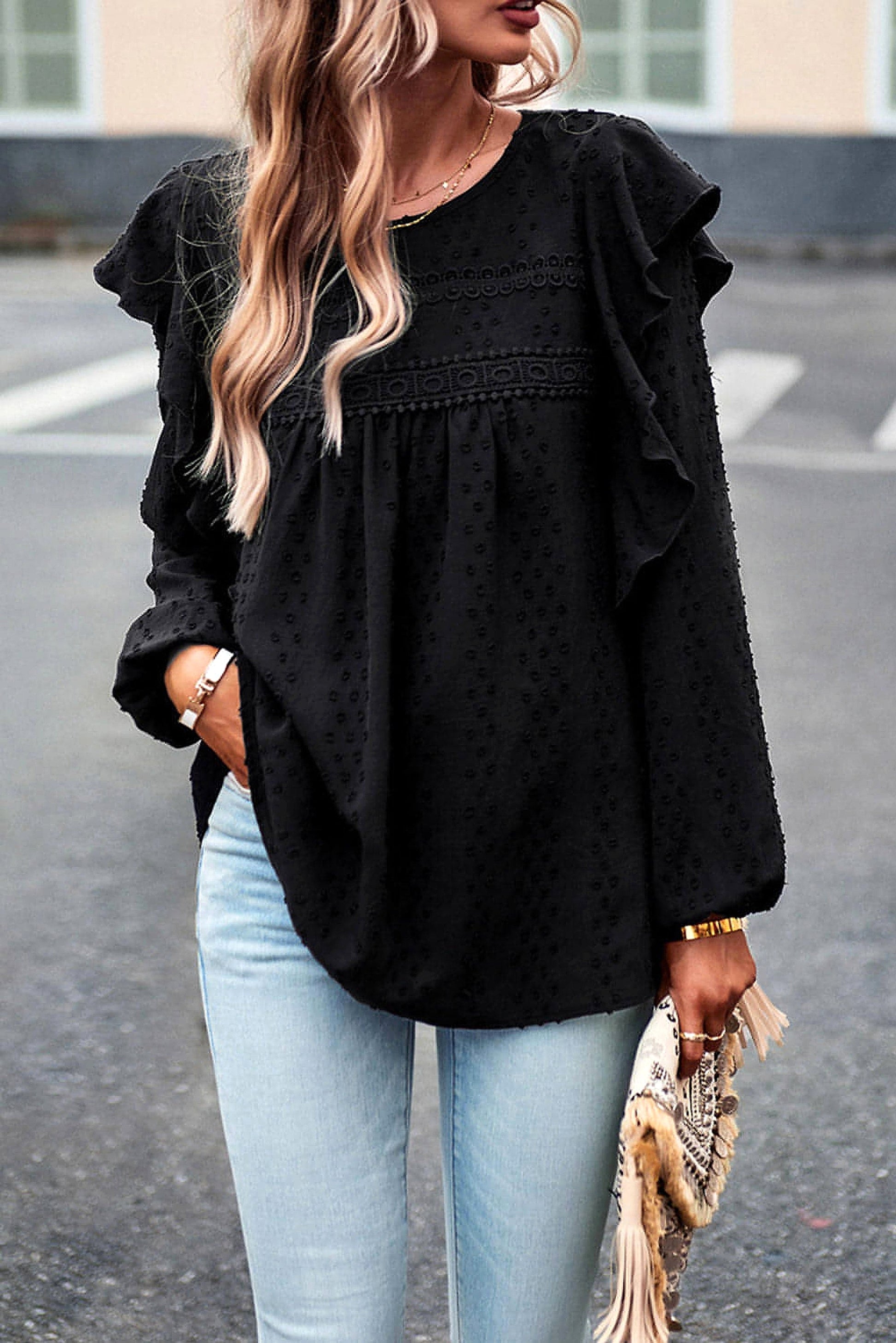 Black Lace Eyelet Ruffle Shoulder Long Sleeve Blouse - enhanced image 12
