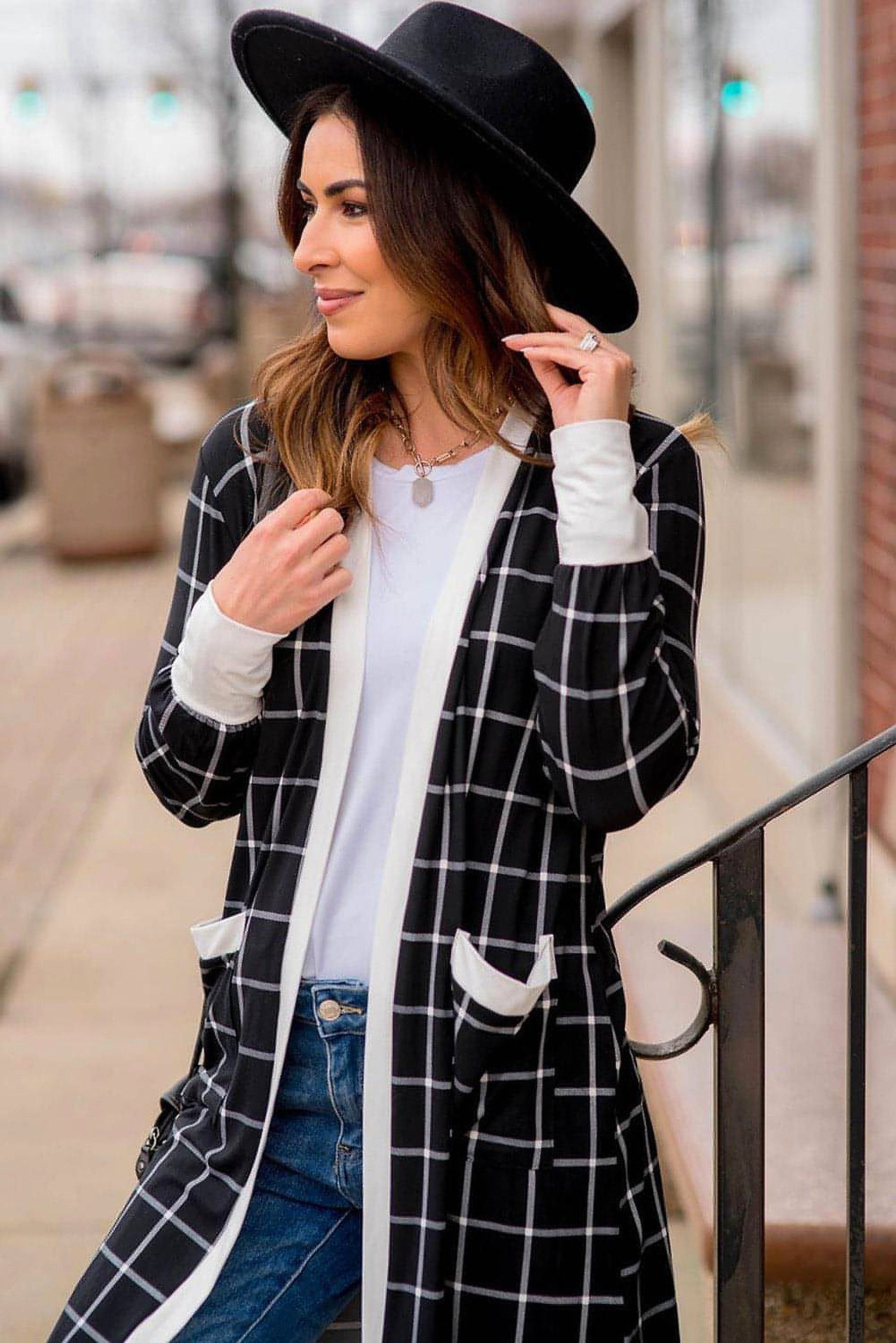 Black Plaid Colorblock Edge Open Cardigan with Pocket - enhanced image 12