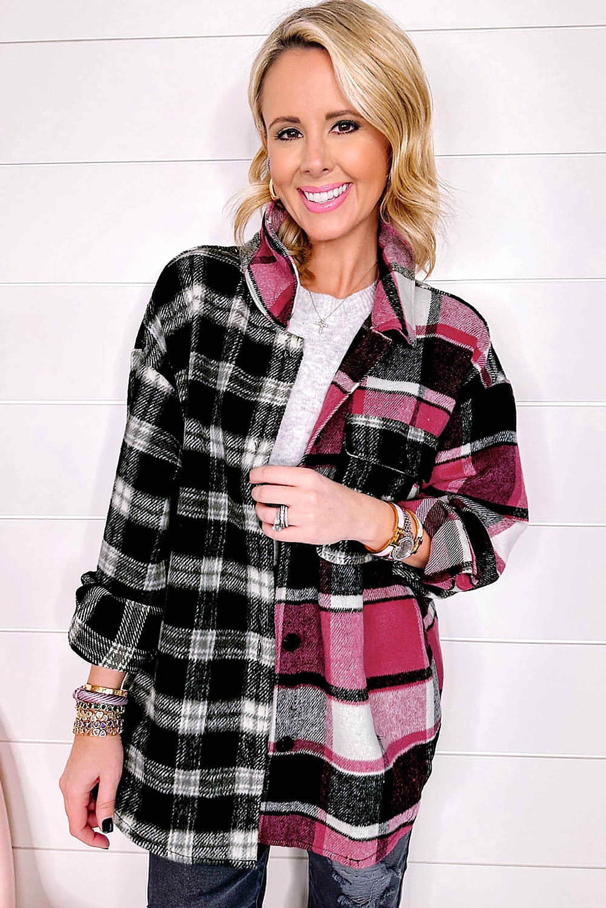 Black Plaid Colorblock Loose Shacket - enhanced image 12