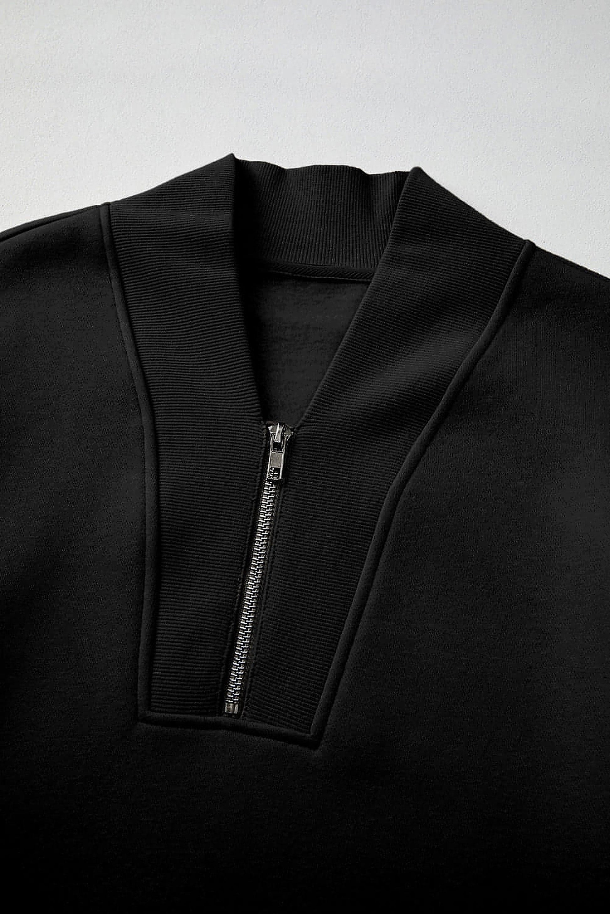 Black Plain Half Zip V Neck Ribbed Edge Loose Tracksuit - enhanced image 12