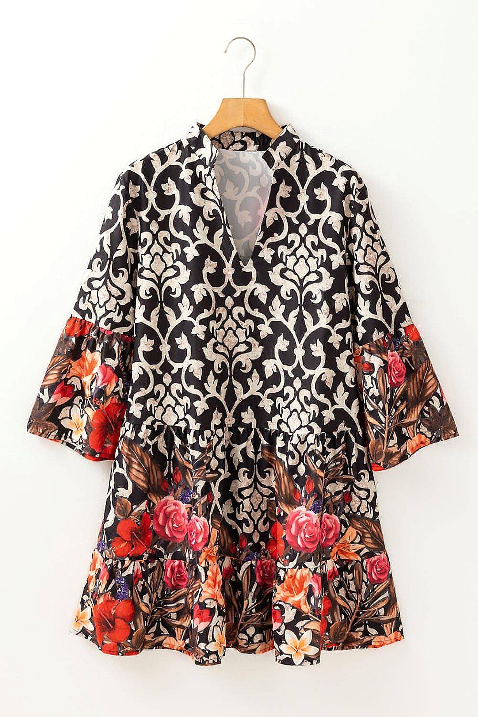 Black Retro Floral Mixed Print Split Neck A-line Dress - enhanced image 12