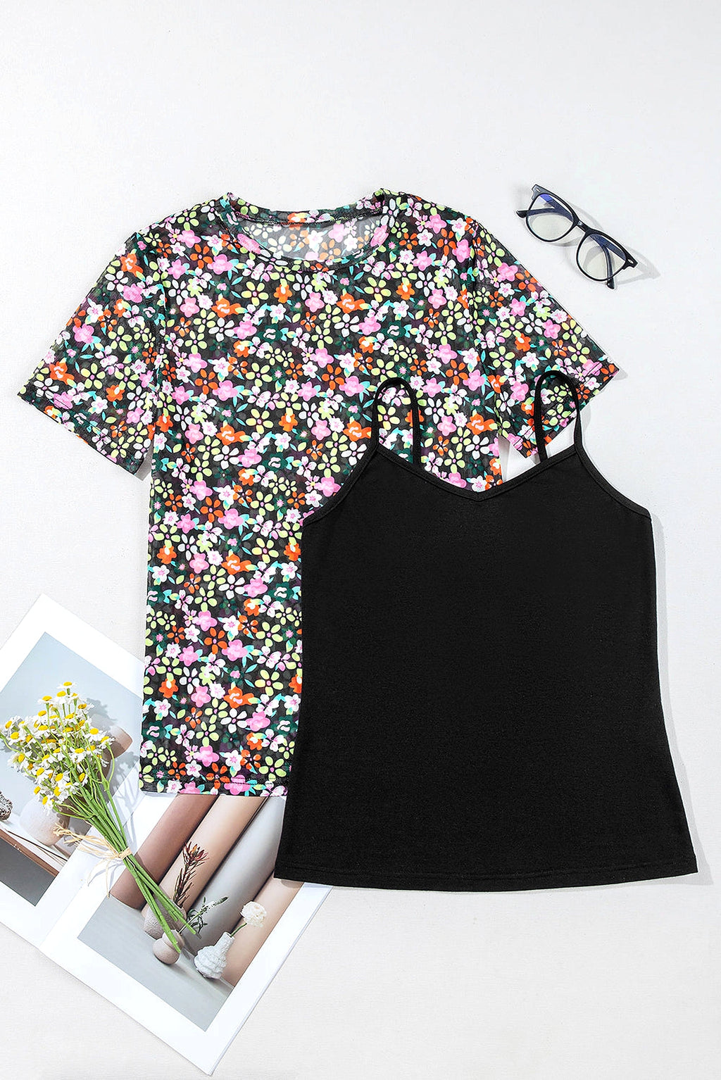 Black Sheer Floral Mesh Round Neck T Shirt - enhanced image 12