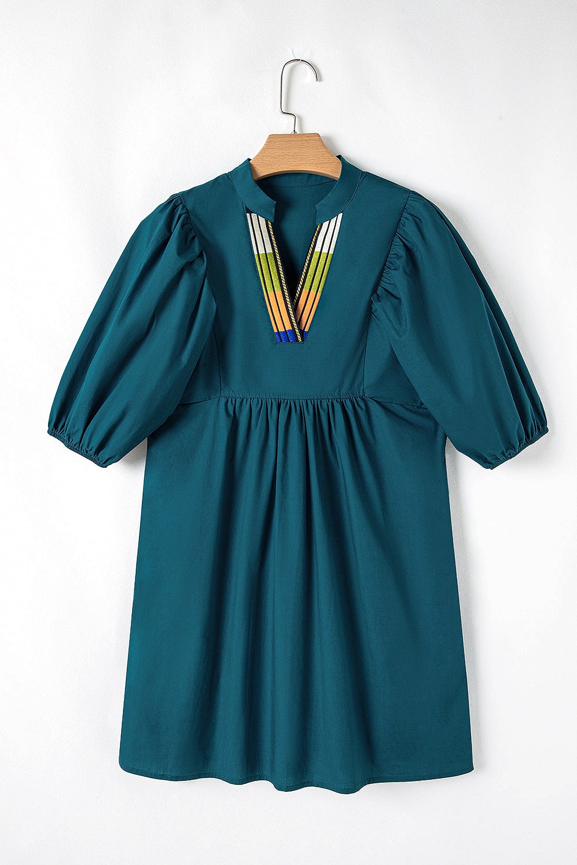 Blue Sapphire Colorblock Split V Neck Puff Sleeve Mini Dress - enhanced image 12