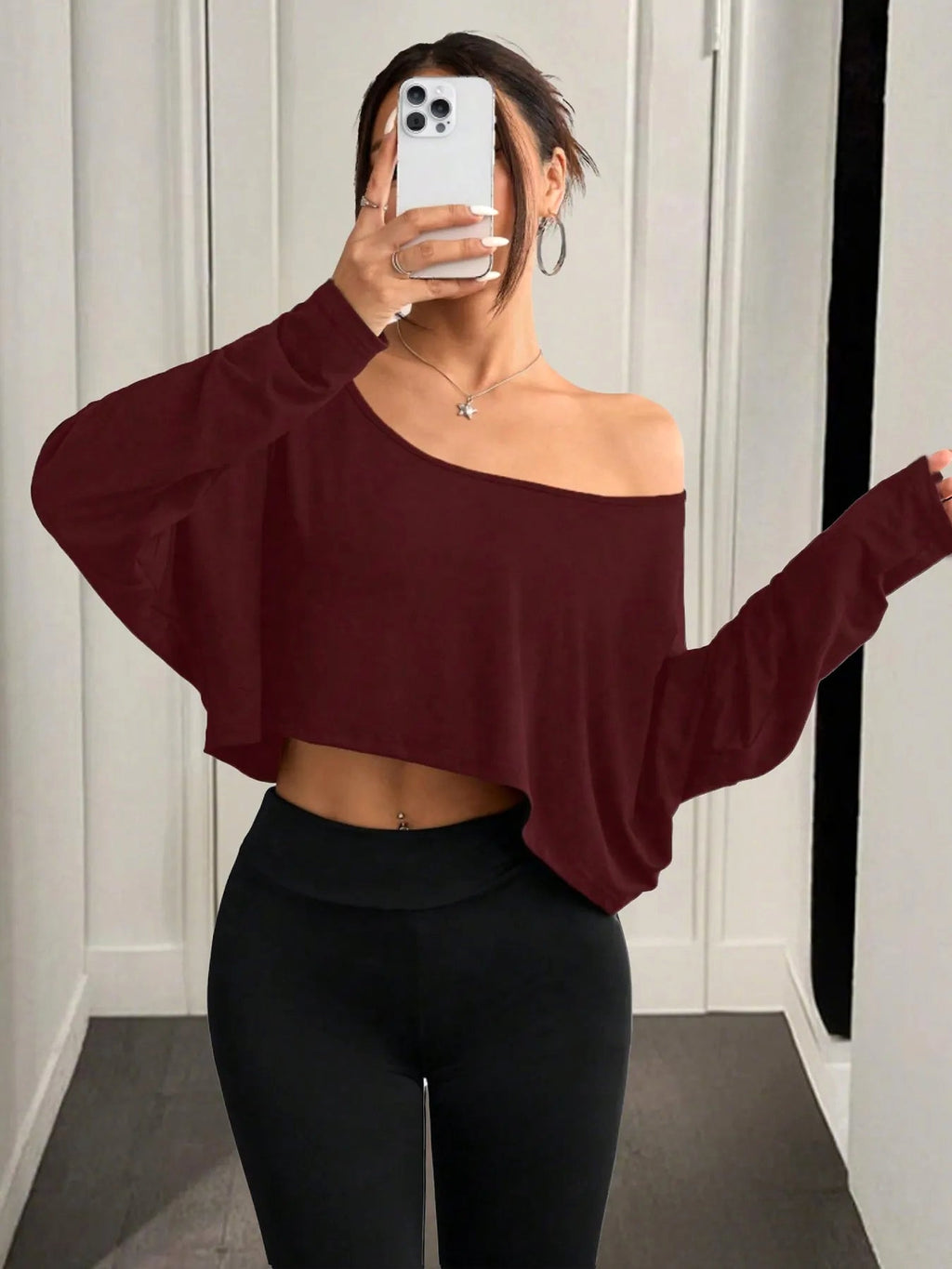 Boat Neck Long Sleeve Crop Top - enhanced image 12