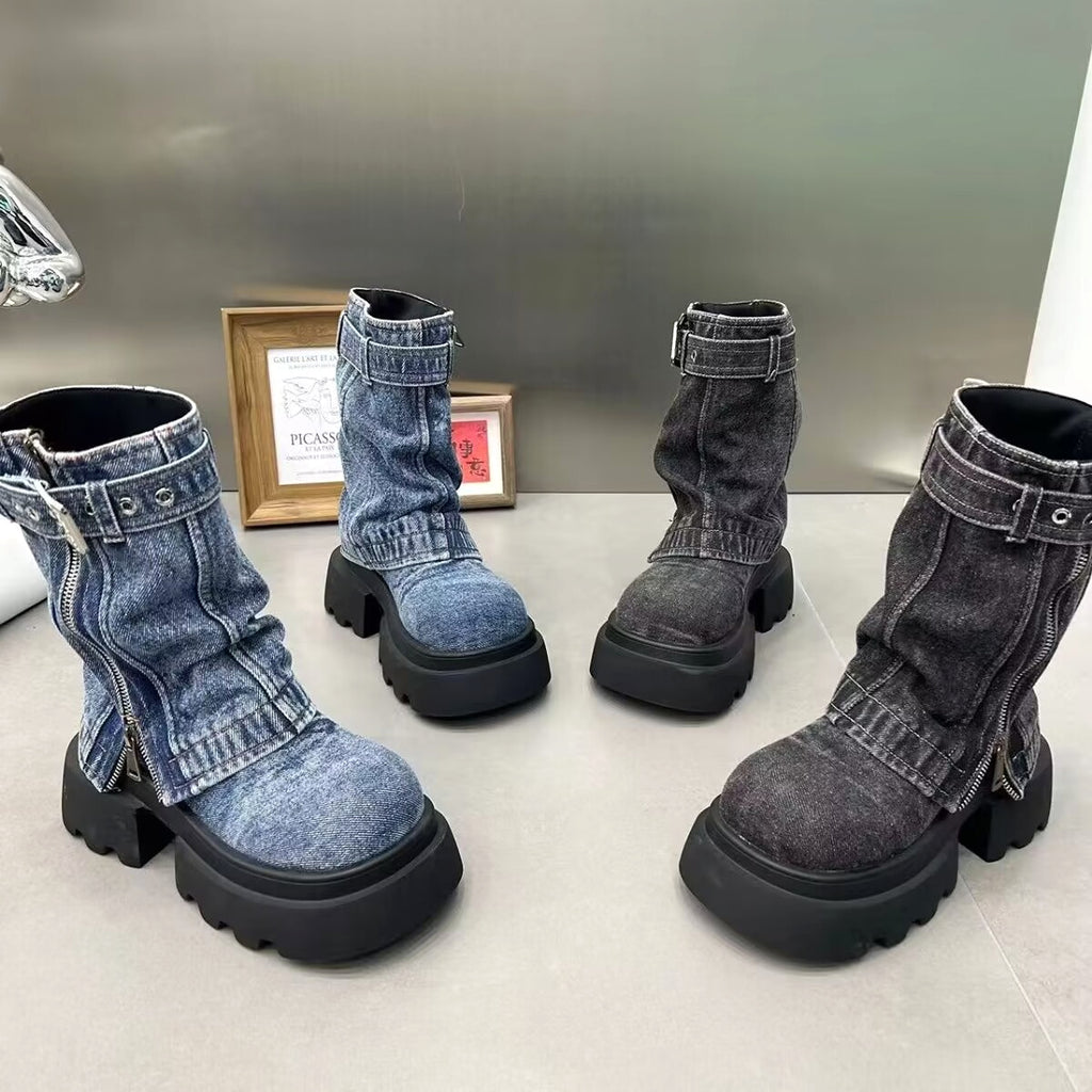 Boots Denim Fake Two Pieces Pile Style Boots Motorcycle Boots - enhanced image 12