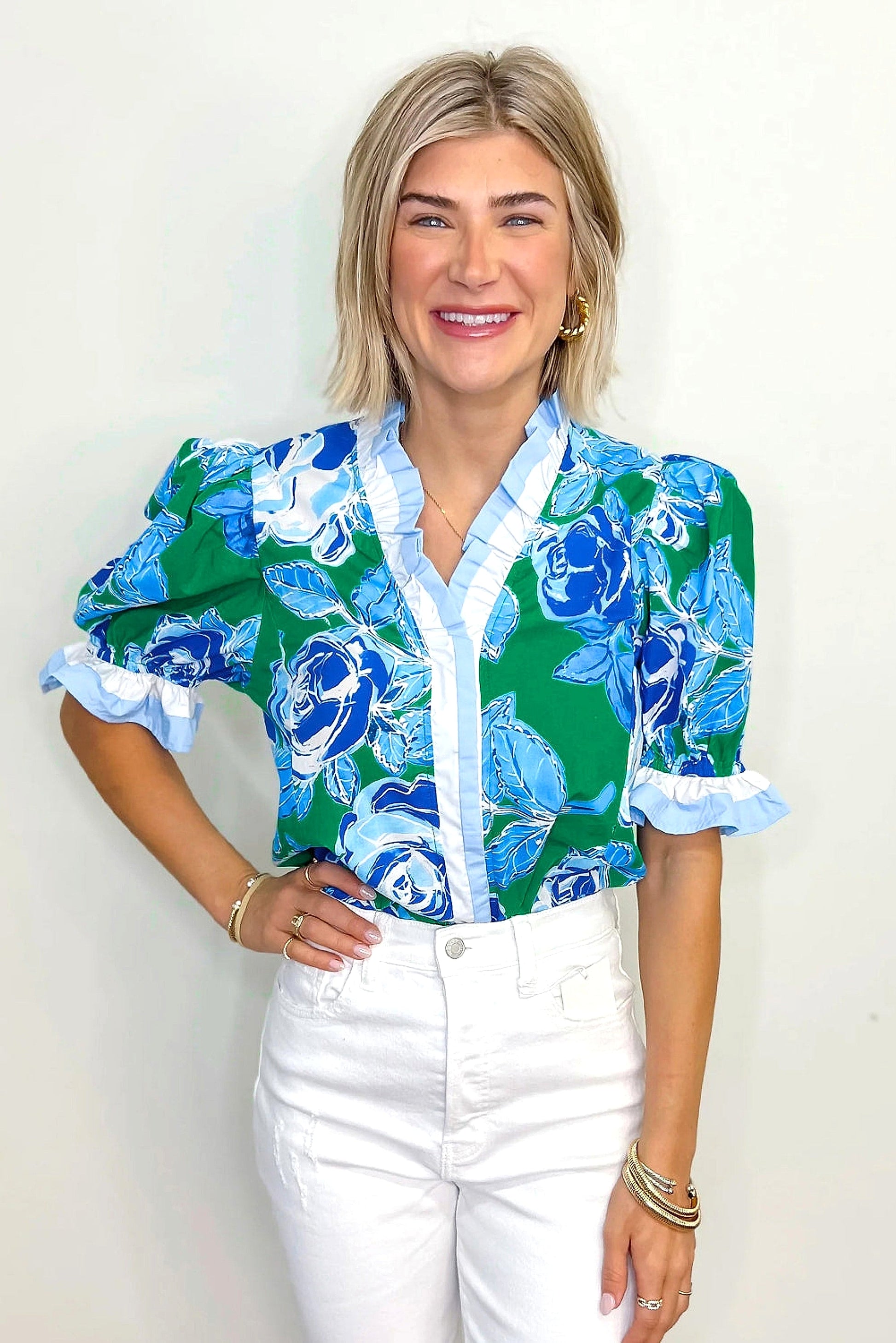 Bright Green Floral Frilled V Neck Short Sleeve Blouse Top - enhanced image 12