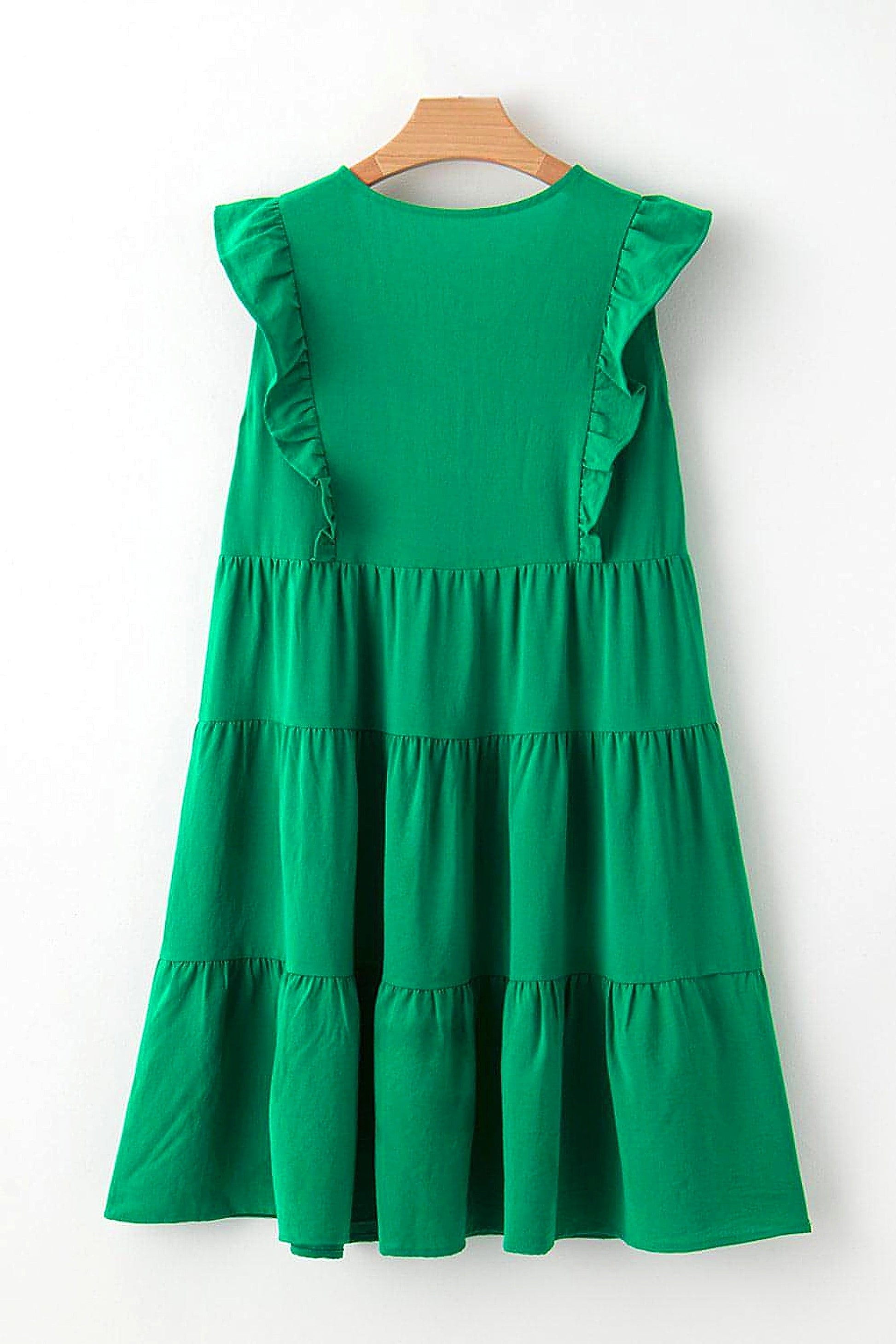 Bright Green Solid Color V Neck Ruffle Tiered Mini Dress - enhanced image 12