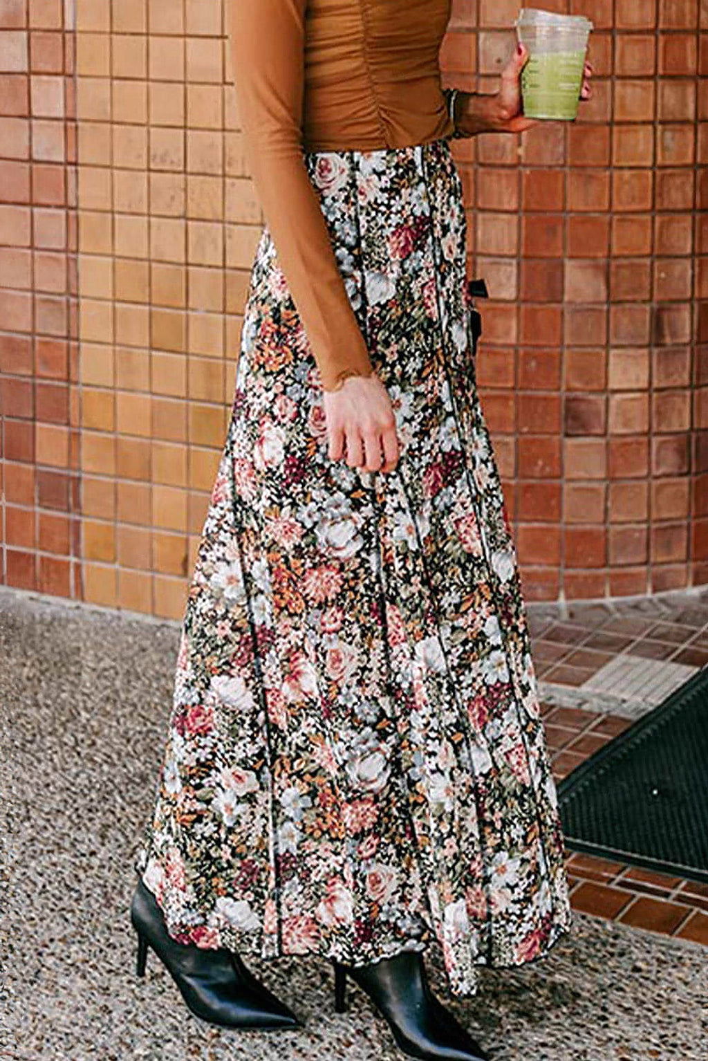 Brown Floral Print High Waist Maxi Skirt - enhanced image 12