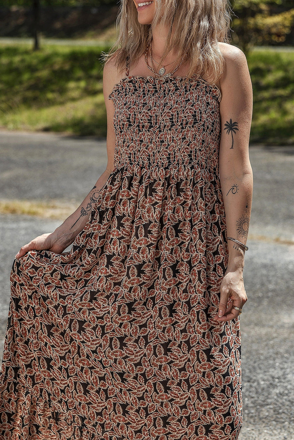 Brown Floral Smocked Bodice High Waist Flowy Sun Dress - enhanced image 12