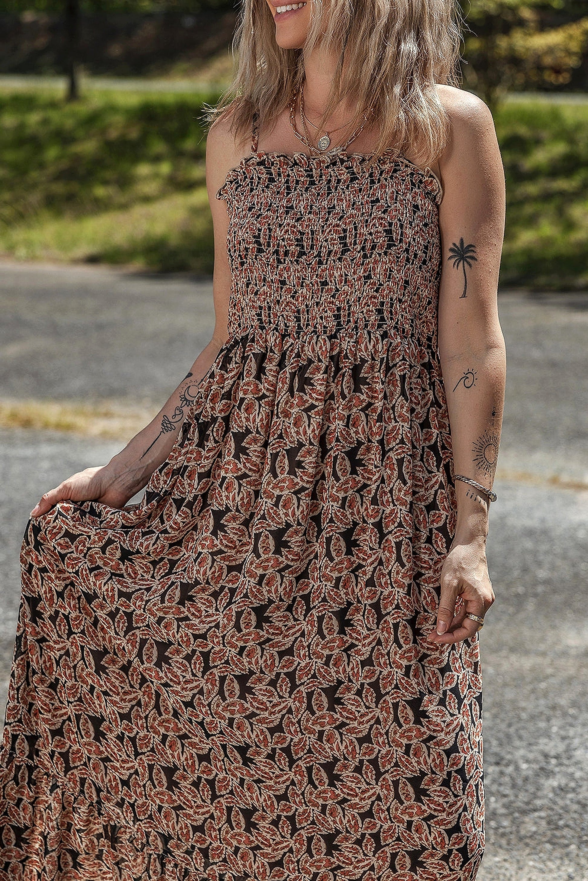 Brown Floral Smocked Bodice High Waist Flowy Sun Dress - enhanced image 12