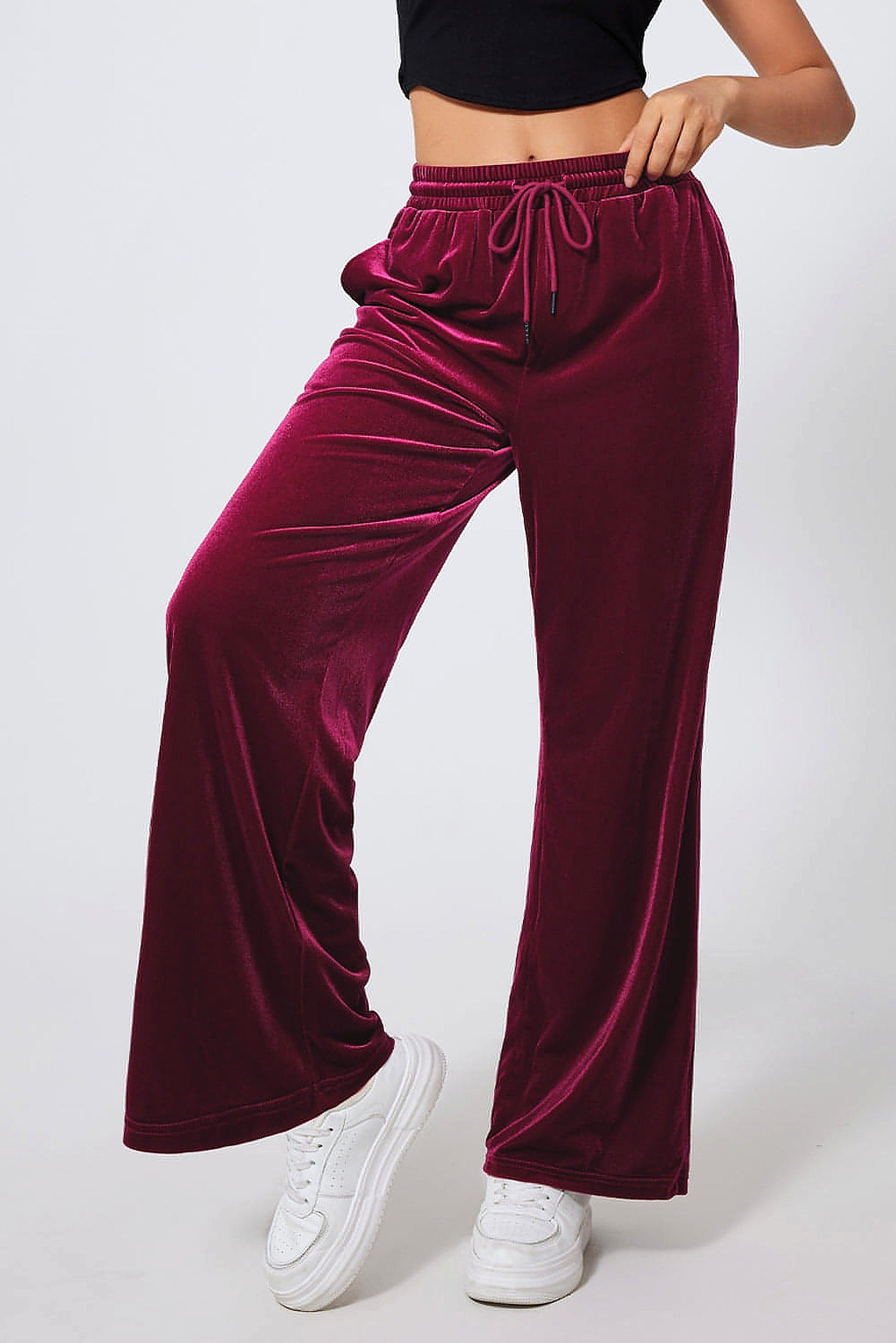 Burgundy Solid Drawstring Waist Wide Leg Pants - enhanced image 12