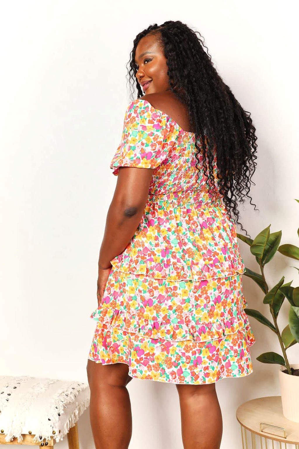 Devine Smocked Sweetheart Neck Flounce Sleeve Mini Dress - enhanced image 12