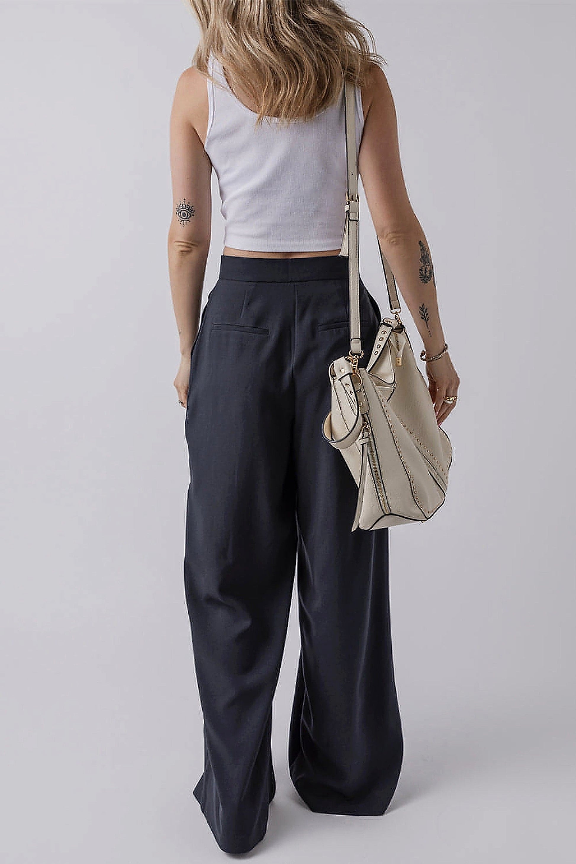 Dirty blue Dual Buttoned High Waist Pleated Wide Leg Pants - enhanced image 12