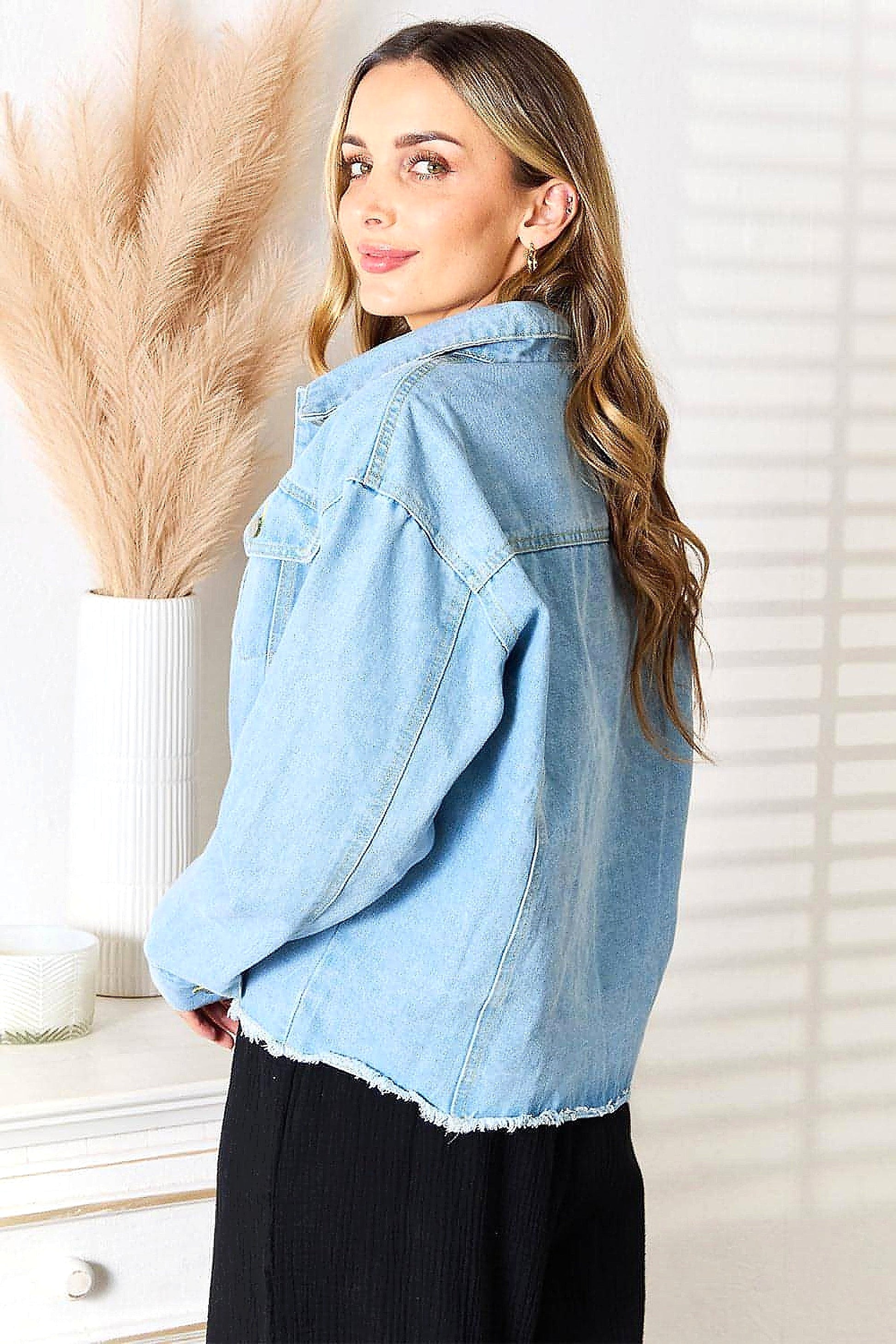 Double Take Dropped Shoulder Raw Hem Denim Jacket - enhanced image 12