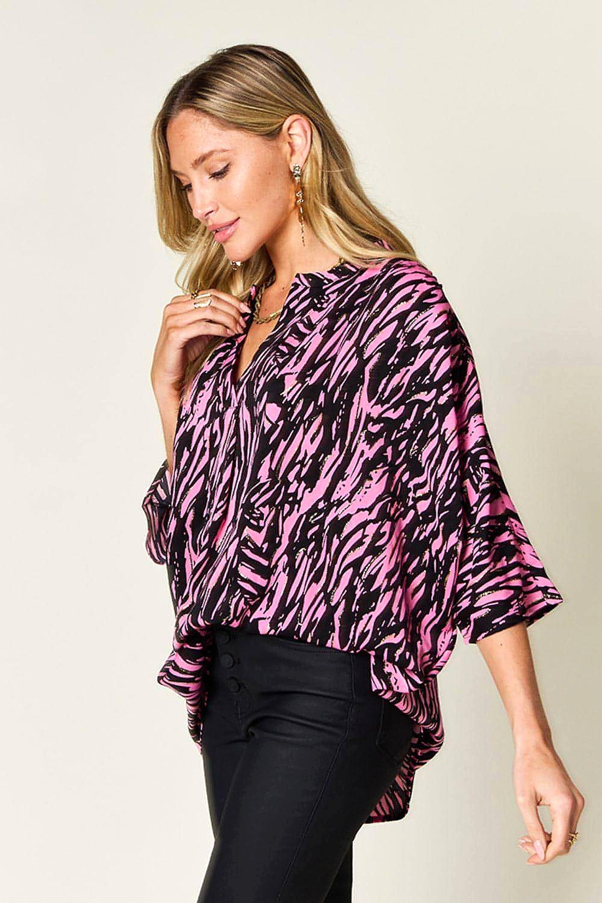 Double Take Full Size Printed Notched Three-Quarter Sleeve Blouse - enhanced image 12