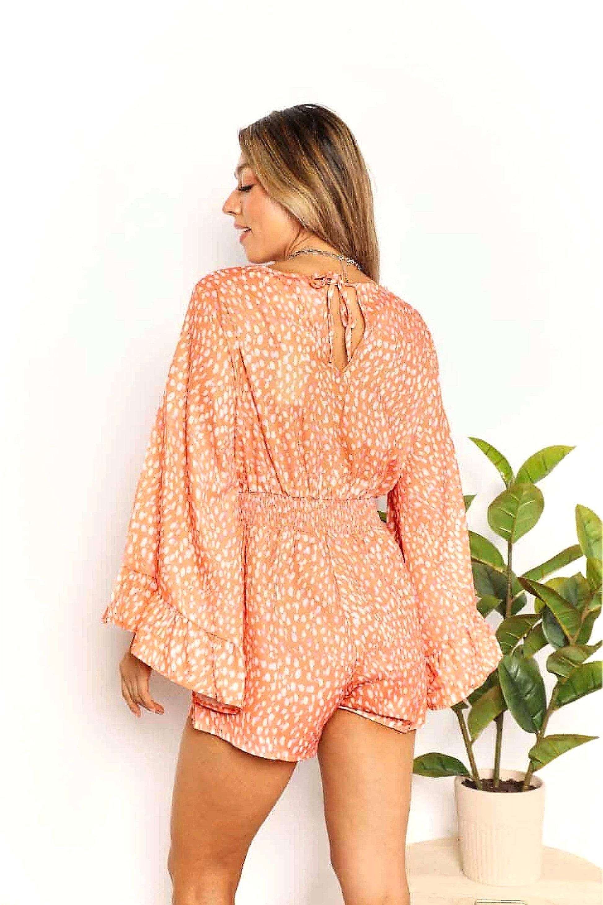 Double Take Printed Flare Sleeve Surplice Romper - enhanced image 12