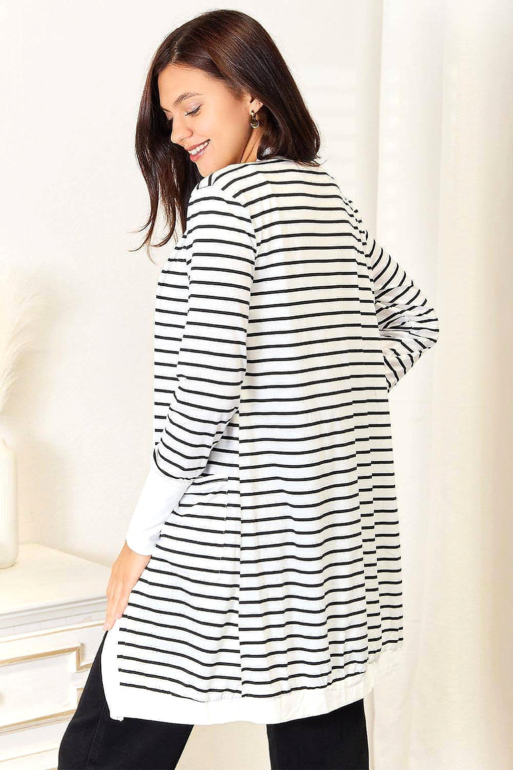 Double Take Striped Open Front Longline Cardigan - enhanced image 12