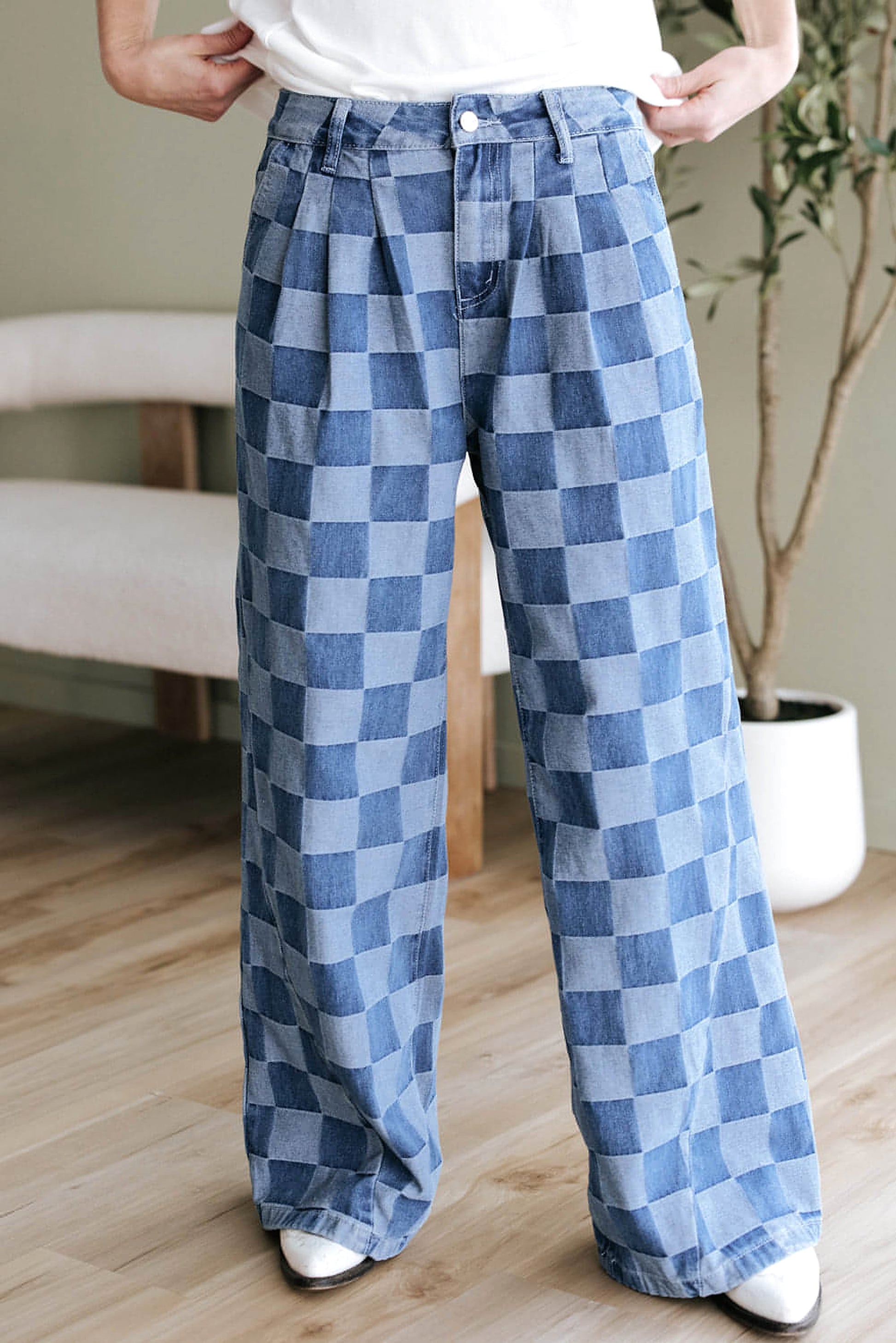Dusk Blue Checkered Denim Wide Leg Jeans - enhanced image 12