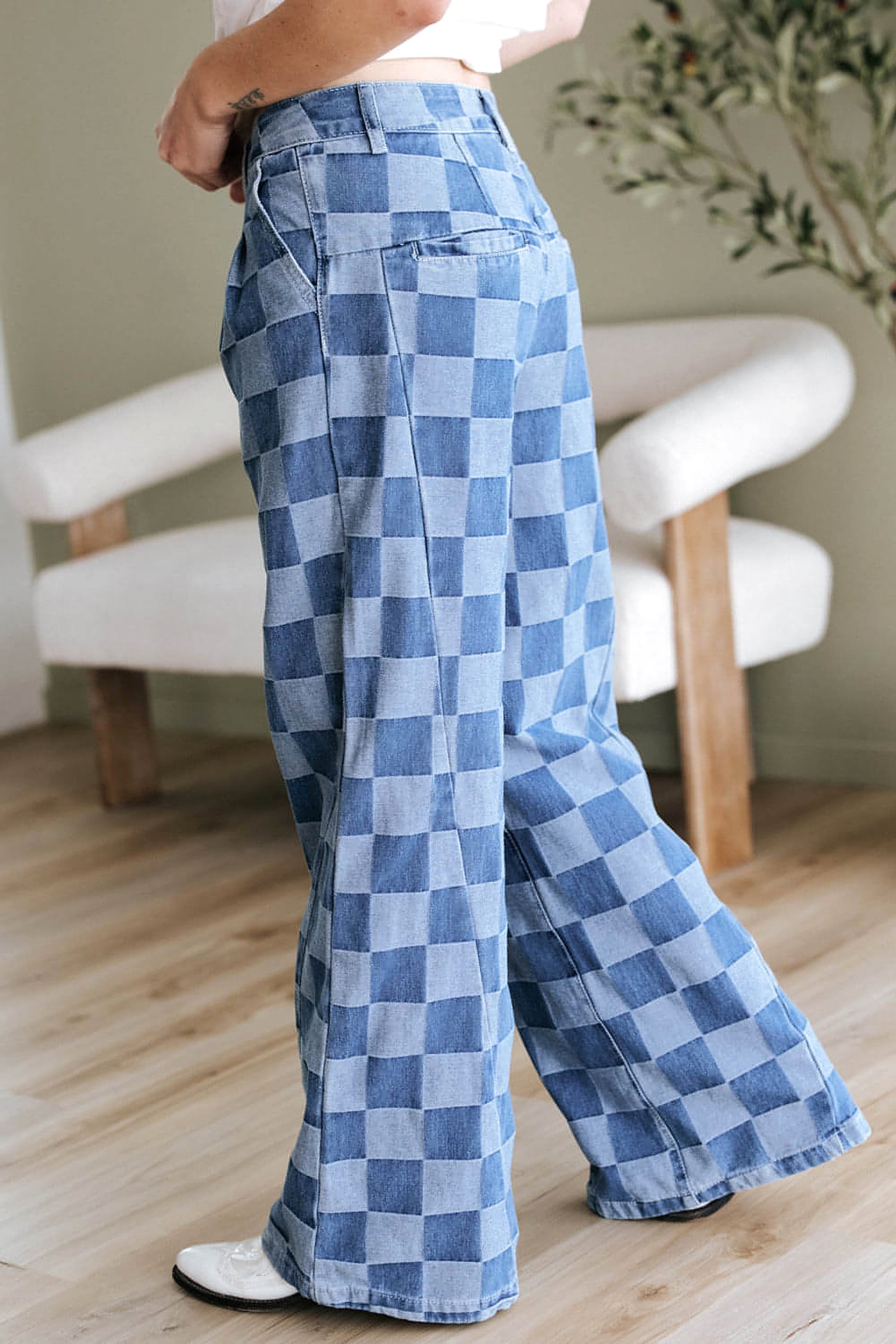 Dusk Blue Checkered Denim Wide Leg Jeans - enhanced image 12