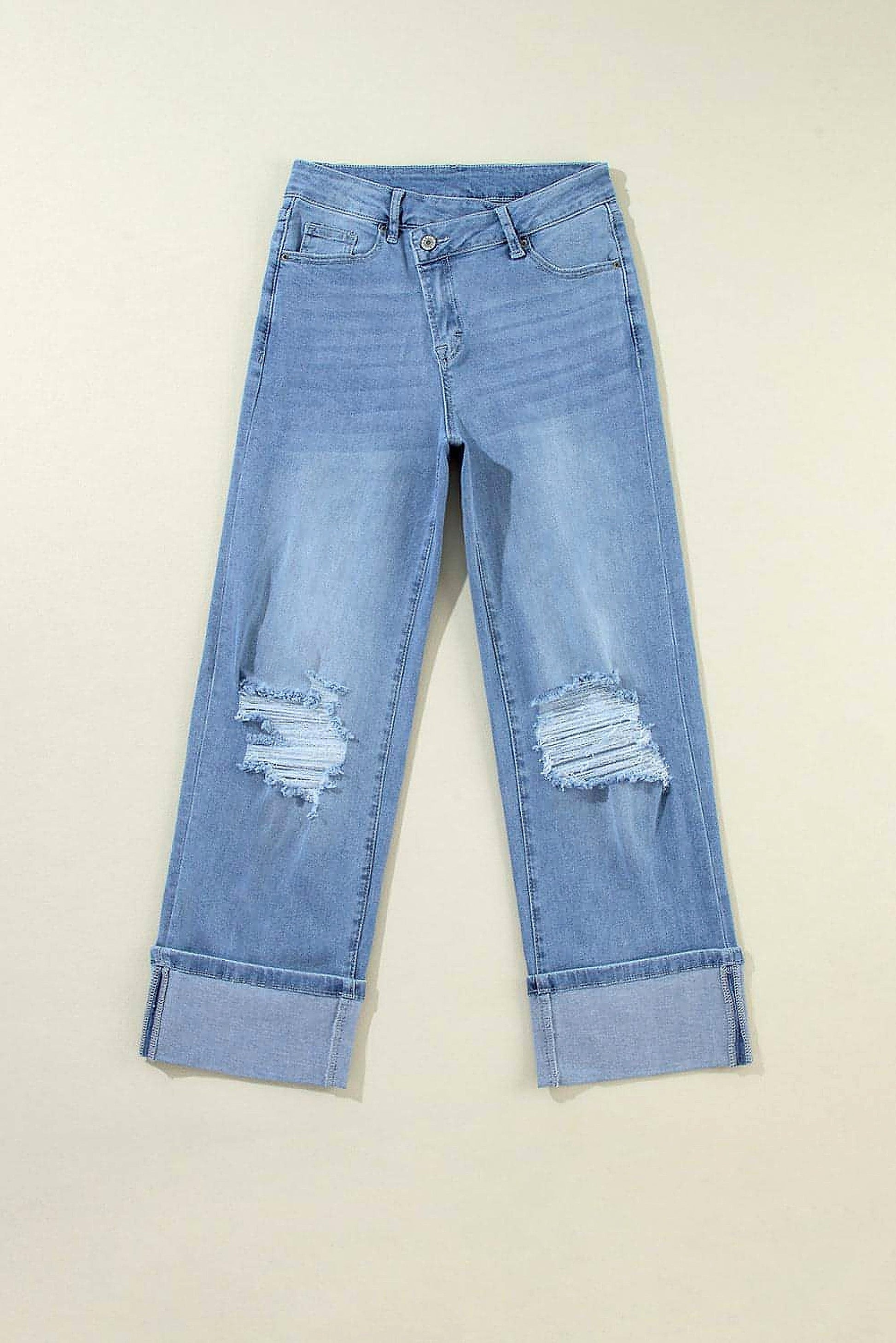 Dusk Blue High Rise Asymmetric Button Zip Fly Ripped Jeans - enhanced image 12
