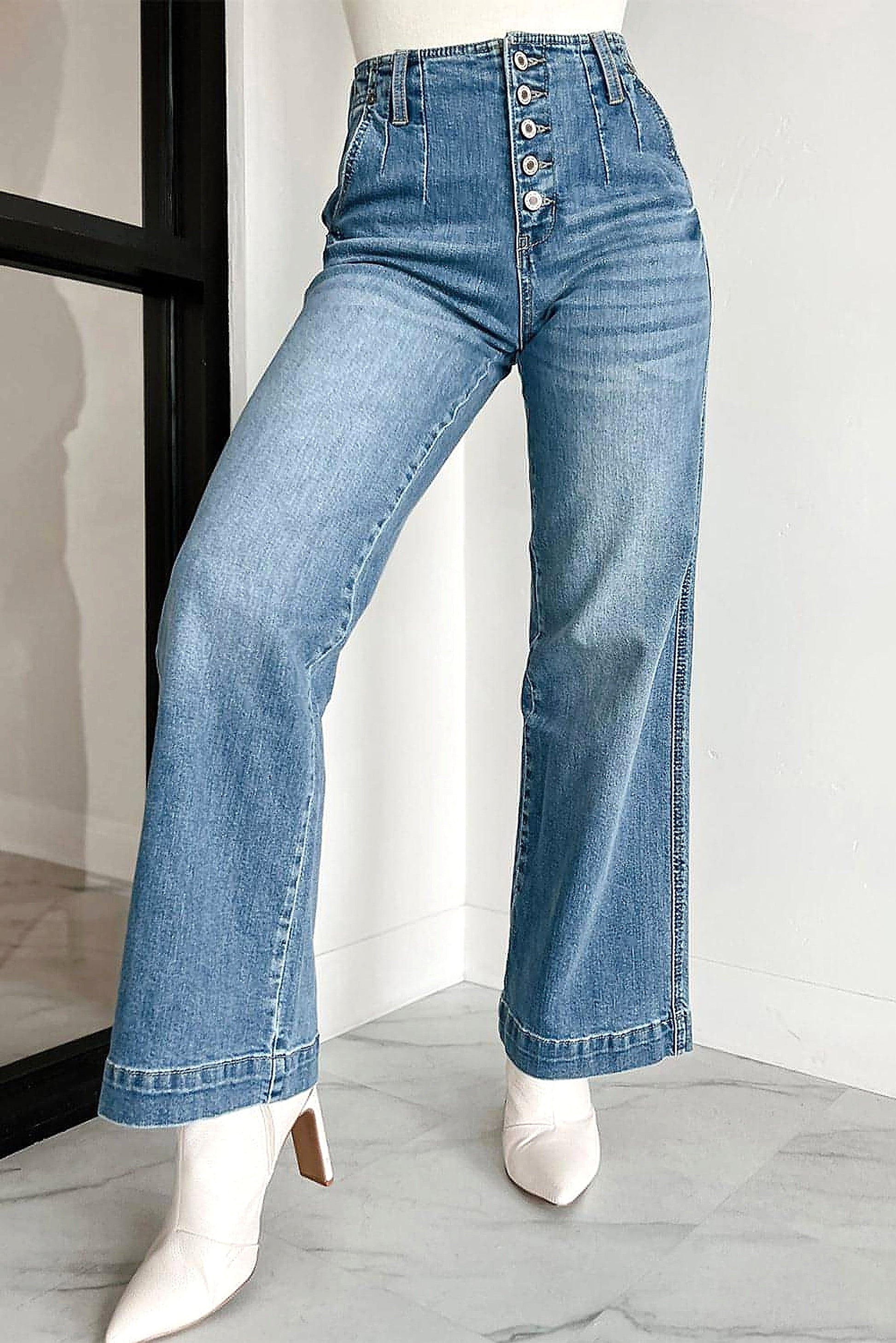 Dusk Blue Multi Buttons Medium Wash Straight Loose Leg Jeans - enhanced image 12