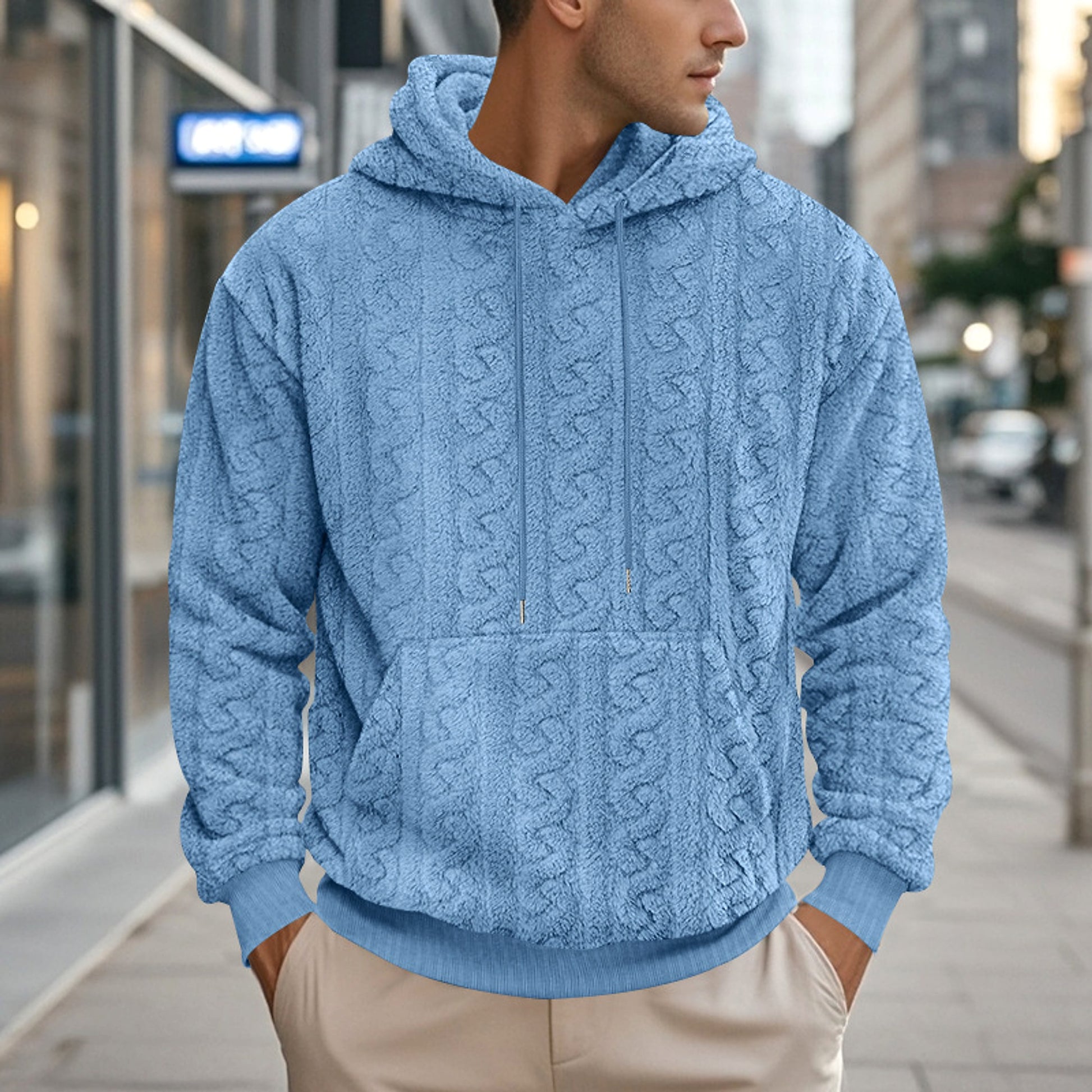 European And American Fall Winter Men Hooded Jacquard Teddy Plush Sports And Leisure Sweater - enhanced image 12
