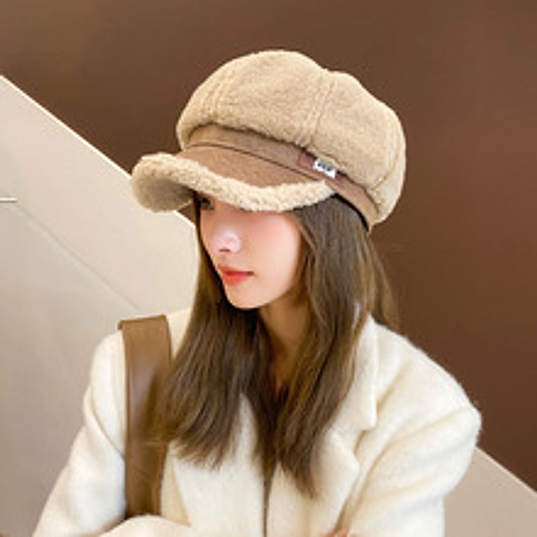 Faux Cashmere Fashion Leather Tag Octagonal Winter Warm Peaked Cap Hat - enhanced image 12