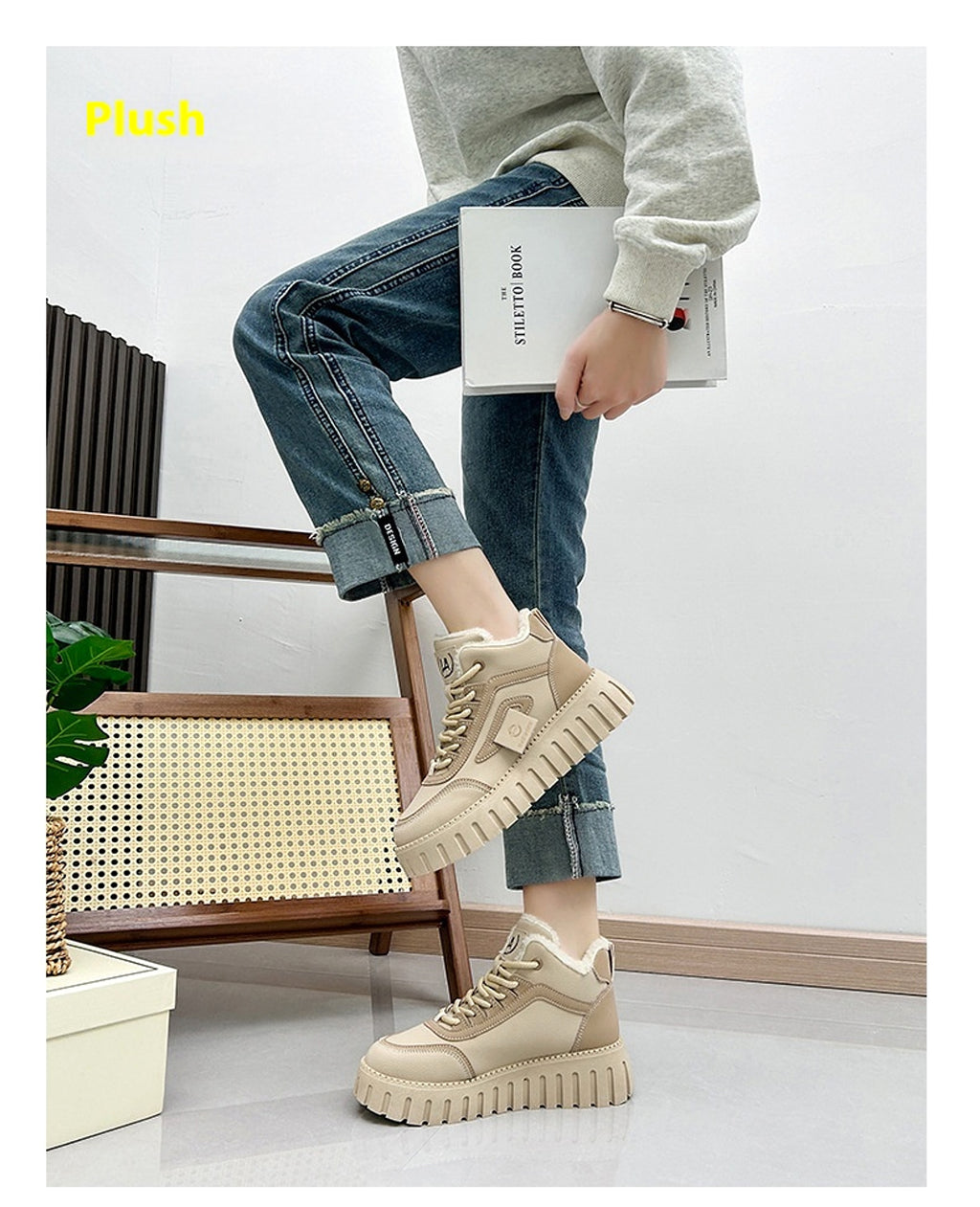 Fleece-lined Warm White Shoes For Women High-top Board Shoe - enhanced image 12