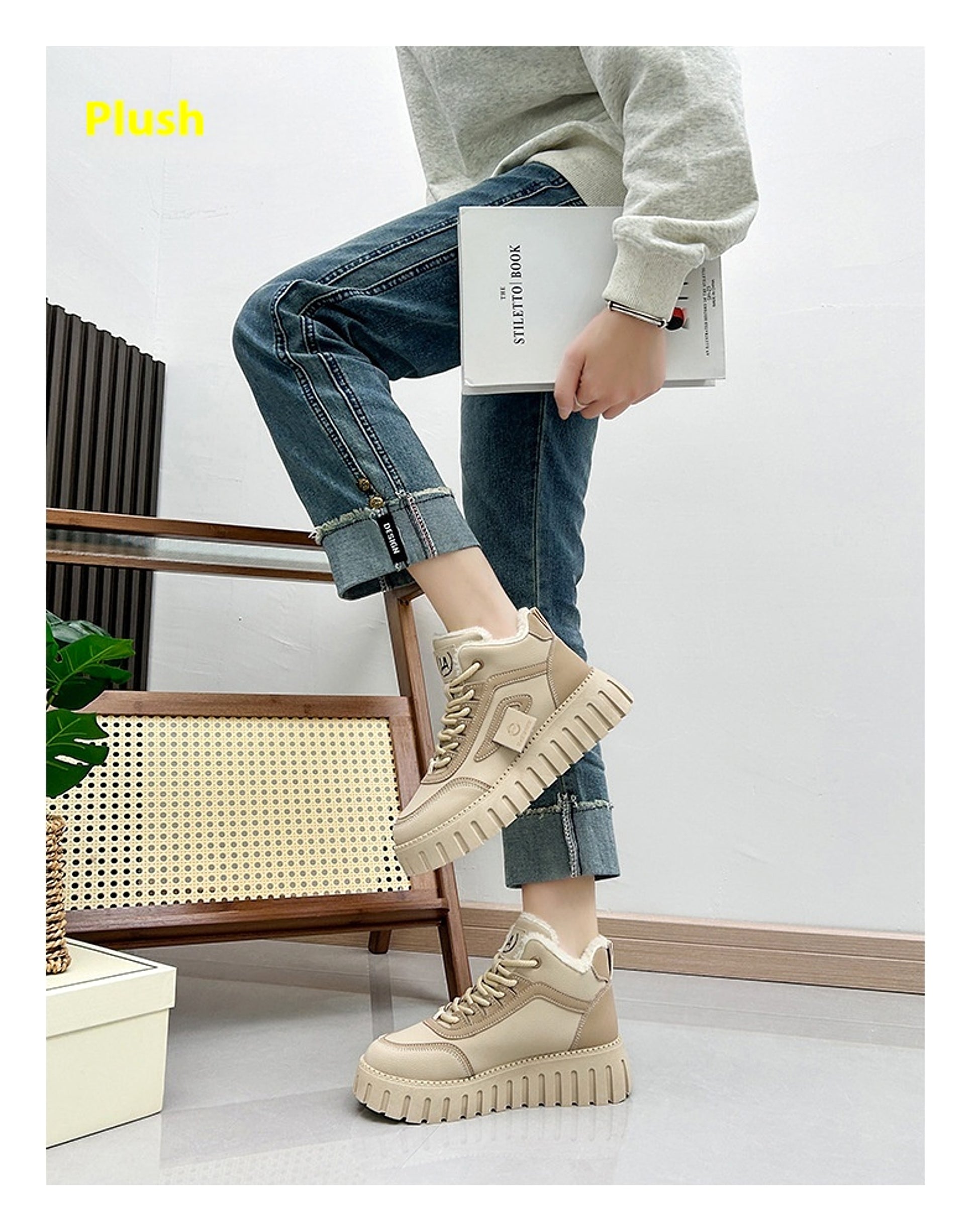 Fleece-lined Warm White Shoes For Women High-top Board Shoe - enhanced image 12