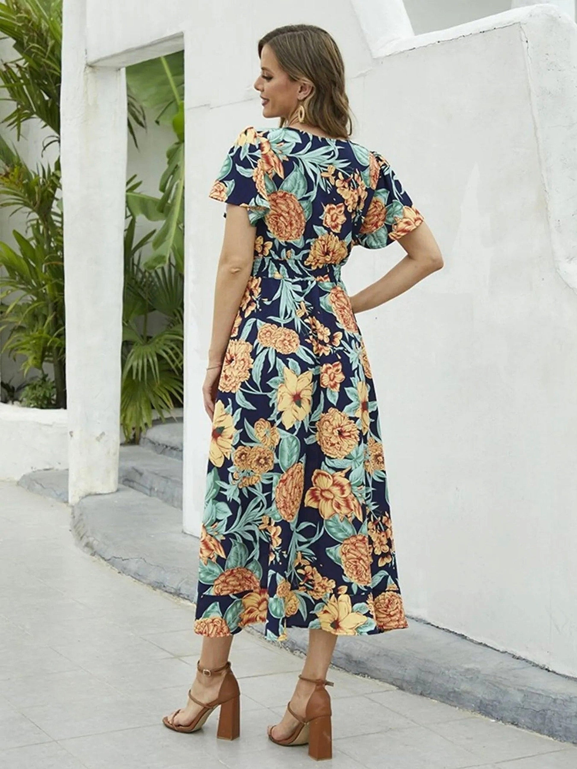 Floral Print Short Sleeve Wrap Midi Dress - enhanced image 12