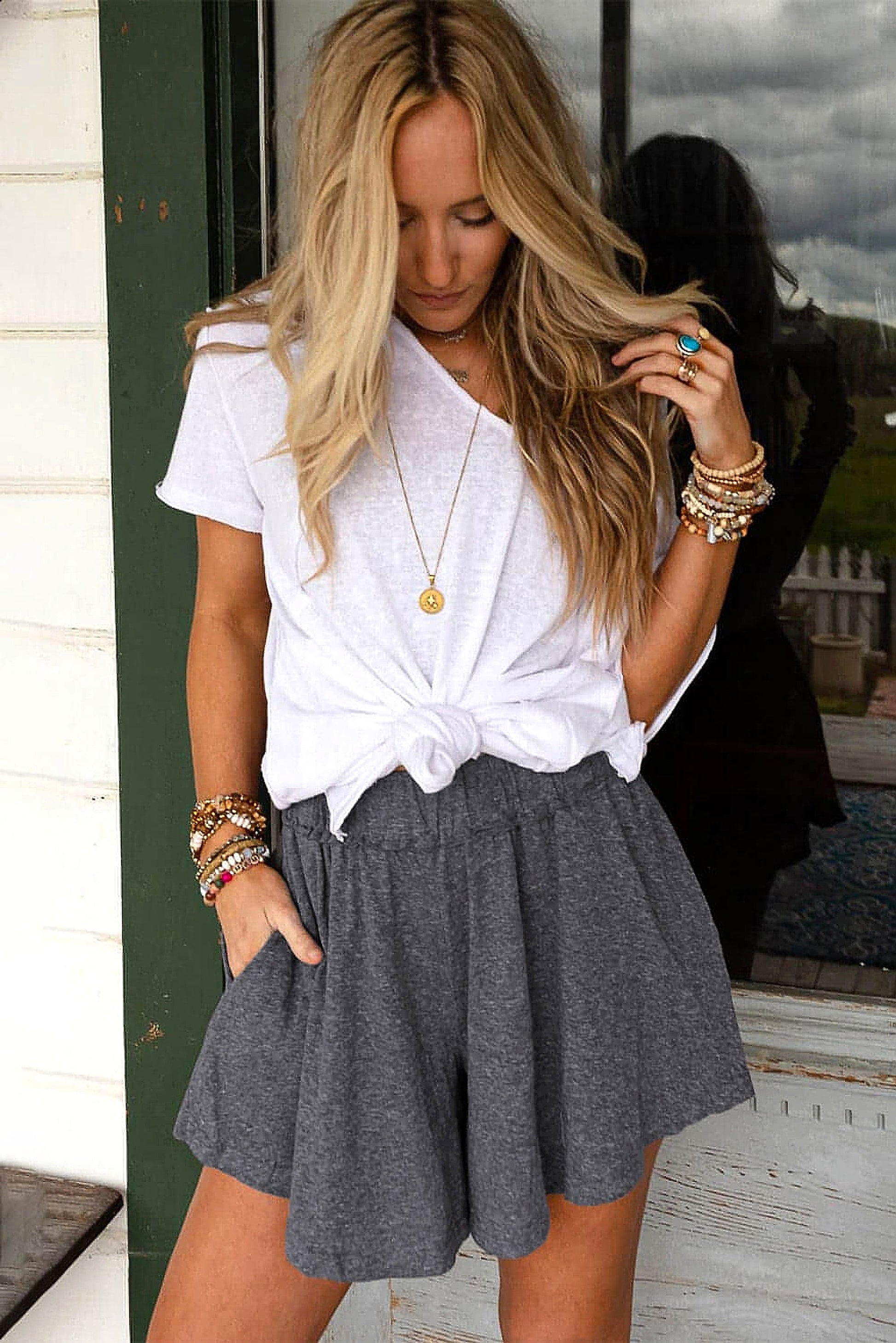 Gray Elastic Waist Culotte Shorts - enhanced image 12