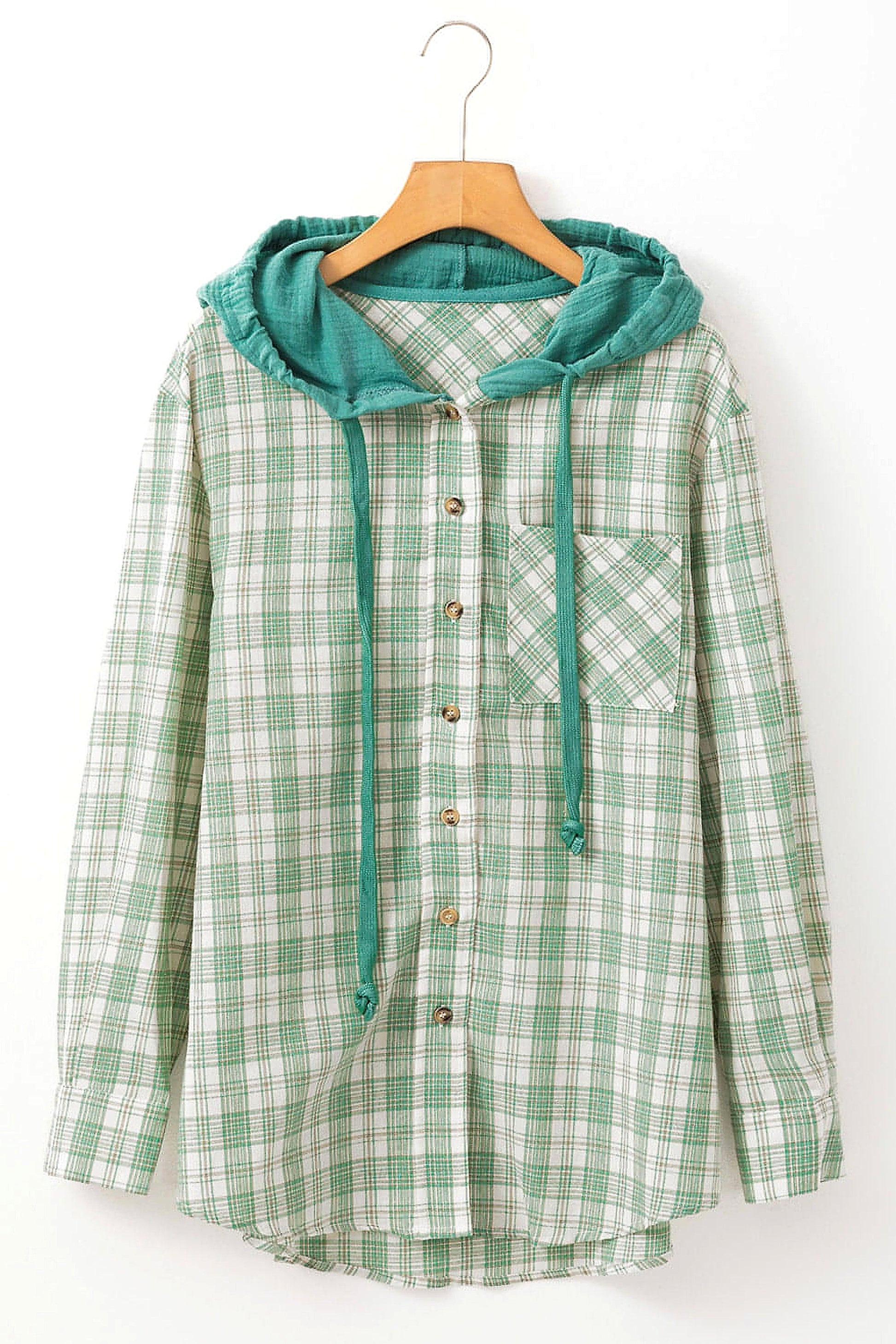 Green Checkered Print Loose Fit Buttoned Hooded Shacket - enhanced image 12
