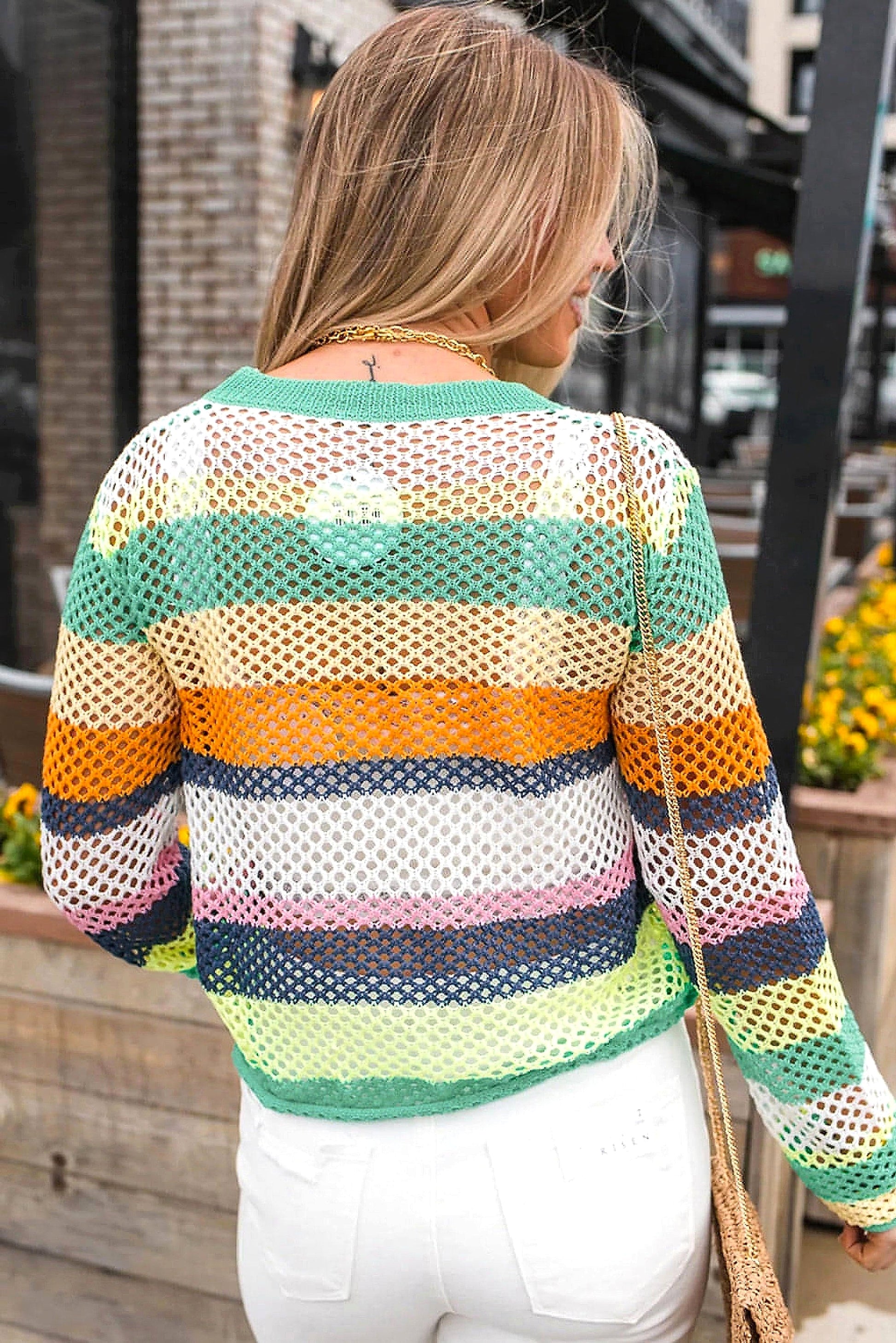 Green Colorblock Patchwork Knit Crochet Eyelet Sweater - enhanced image 12