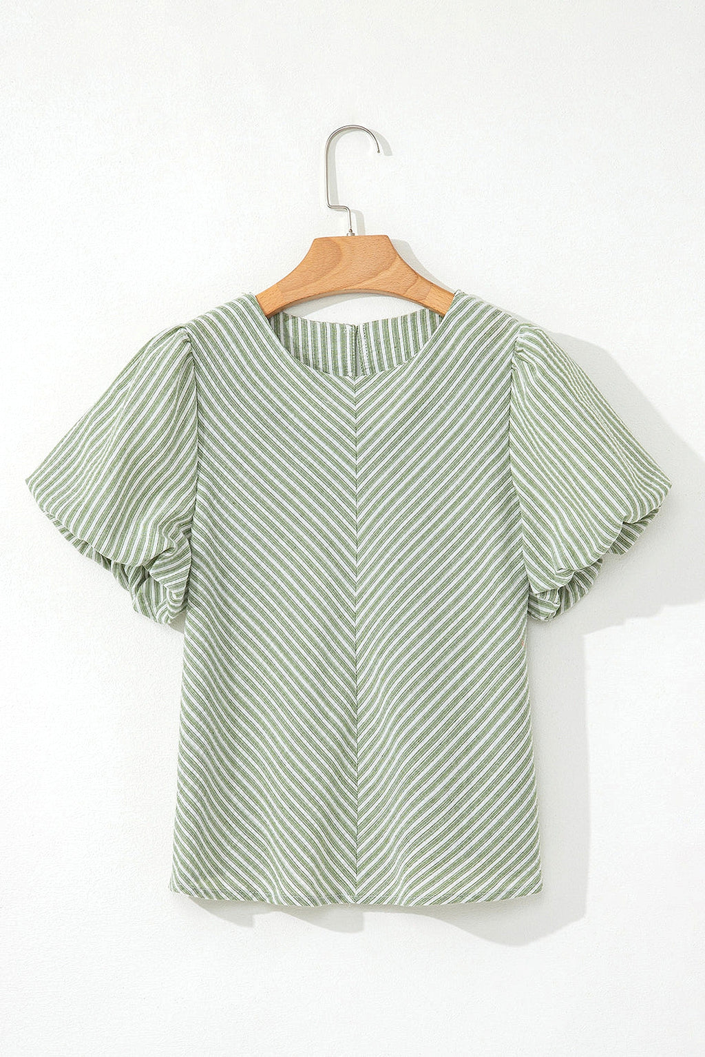 Green Stripe Textured Round Neck Short Puff Sleeve Blouse - enhanced image 12