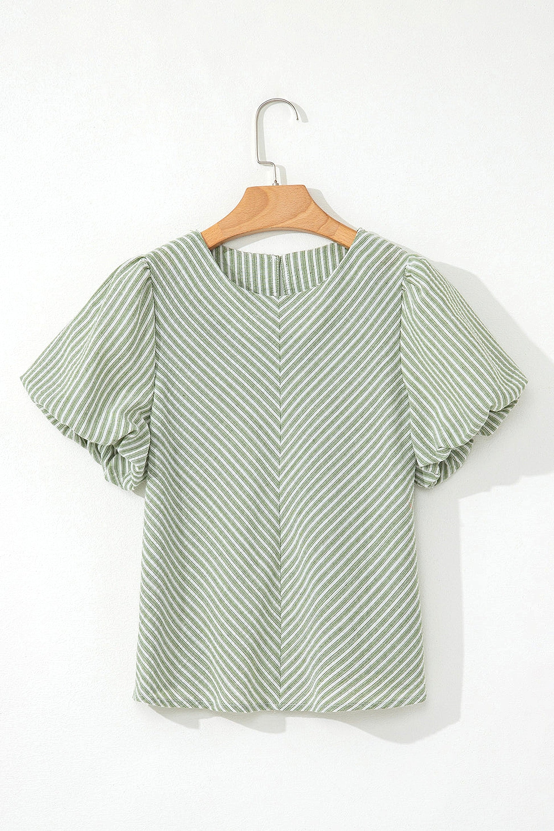 Green Stripe Textured Round Neck Short Puff Sleeve Blouse - enhanced image 12