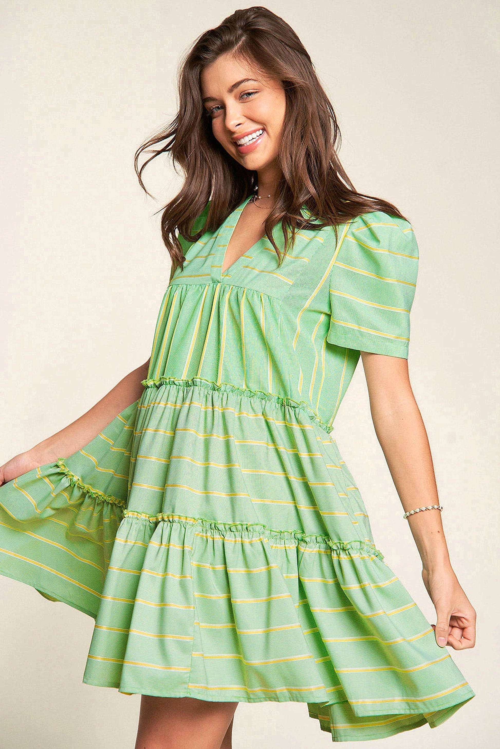 Green Stripe V Neck Short Sleeve Frilled Detail A-line Dress - enhanced image 12