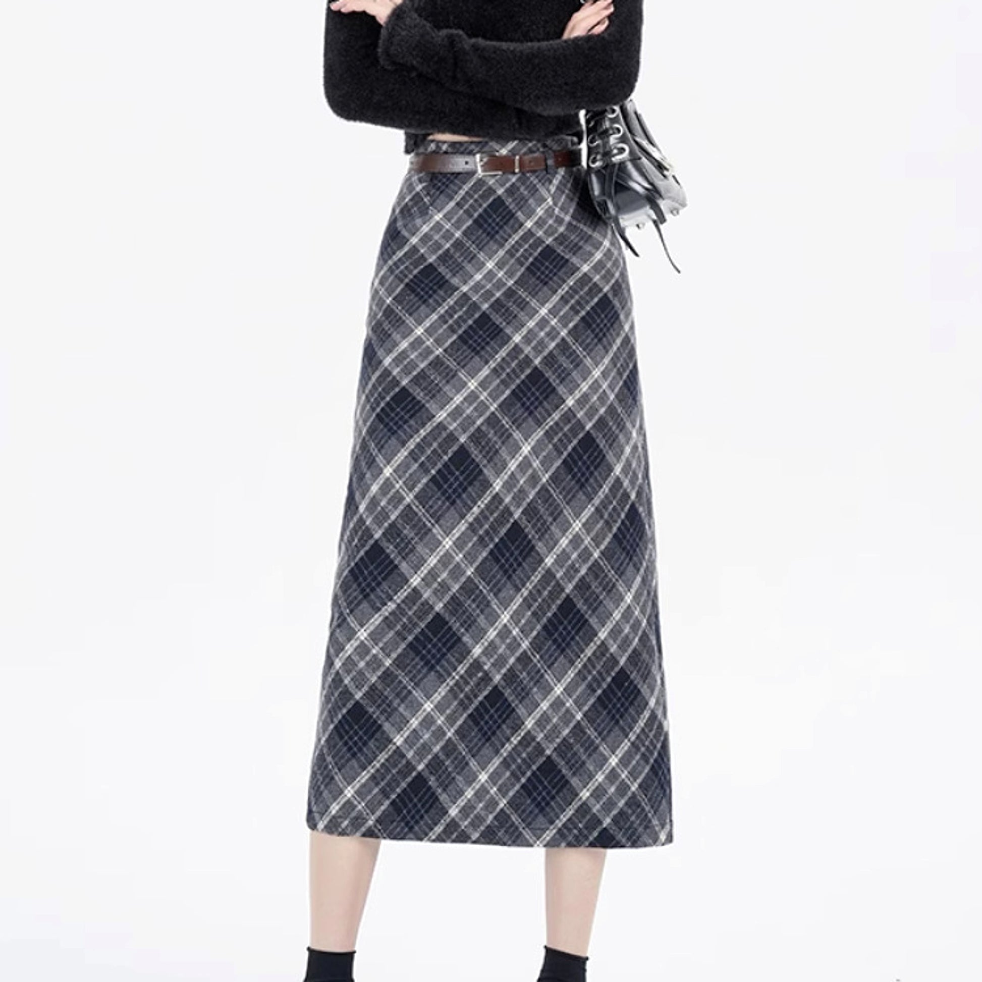 High Waist Mid-length Woolen Plaid Skirt For Women - enhanced image 12