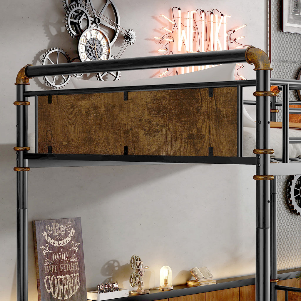 IronLoft™ – Twin XL Over Twin XL Metal Bunk Bed with Rustic Wood Finish & Safety Rail (US Warehouse) - enhanced image 12