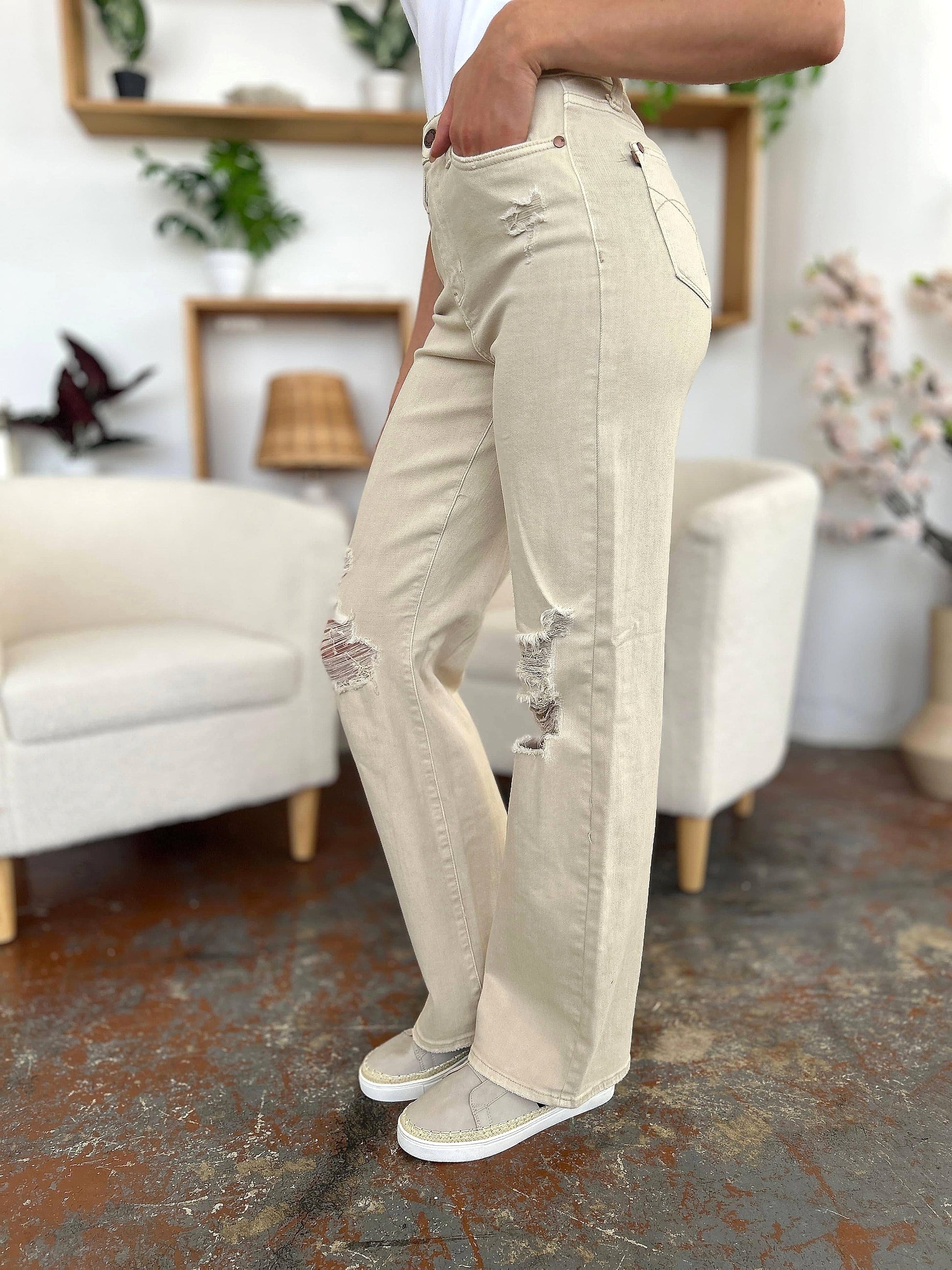 Judy Blue Full Size High Waist Distressed Wide Leg Jeans - enhanced image 12