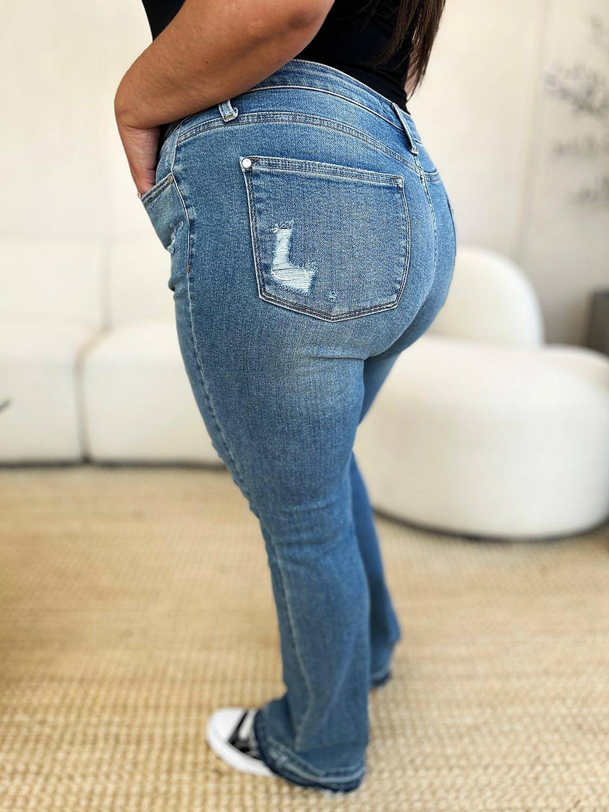 Judy Blue Full Size Mid Rise Destroyed Hem Distressed Jeans - enhanced image 12